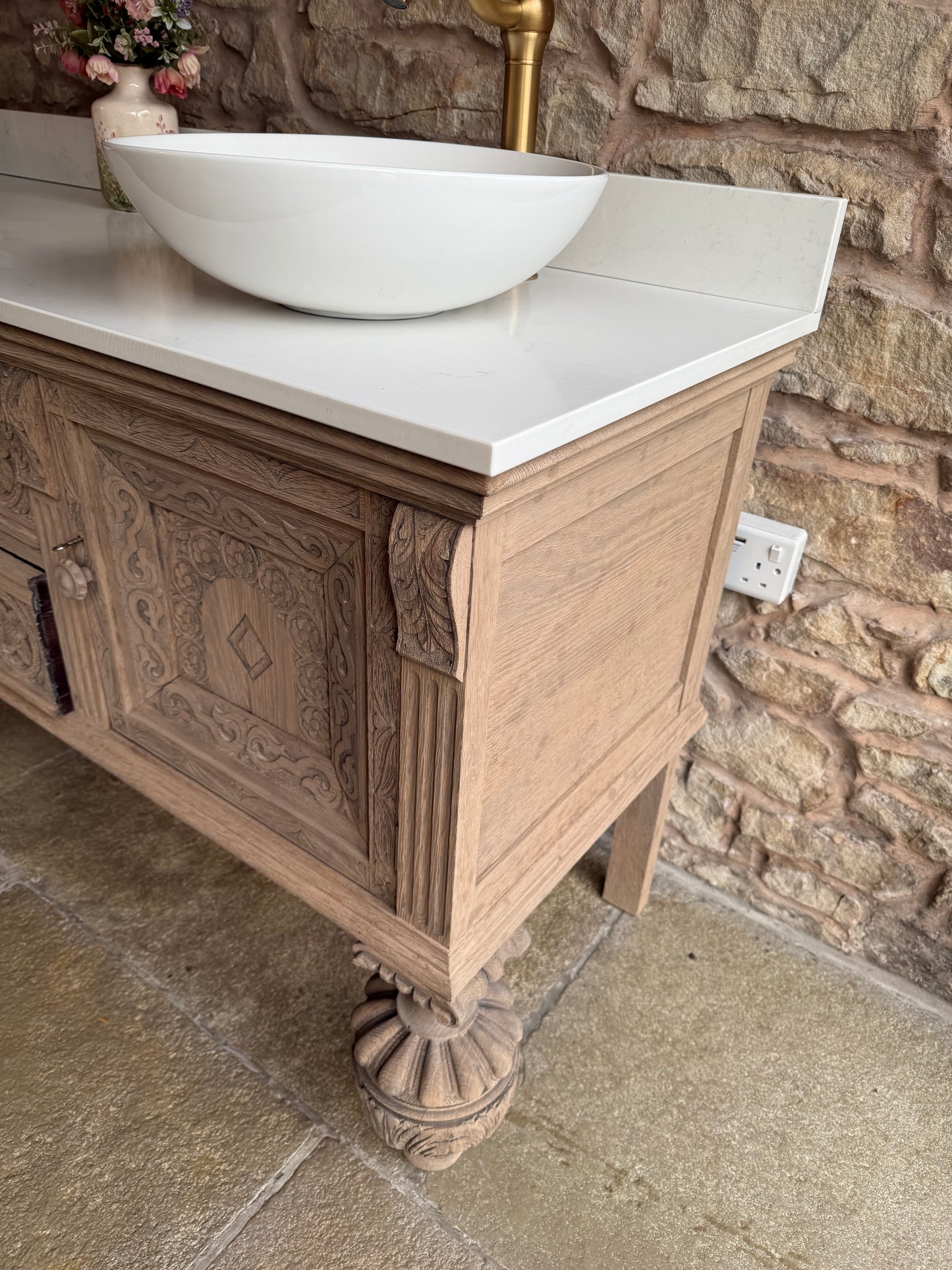Antique Ornate Solid Oak large, double vanity Sink, Carrara Quartz top, Upstand and two basins. (185cm wide)