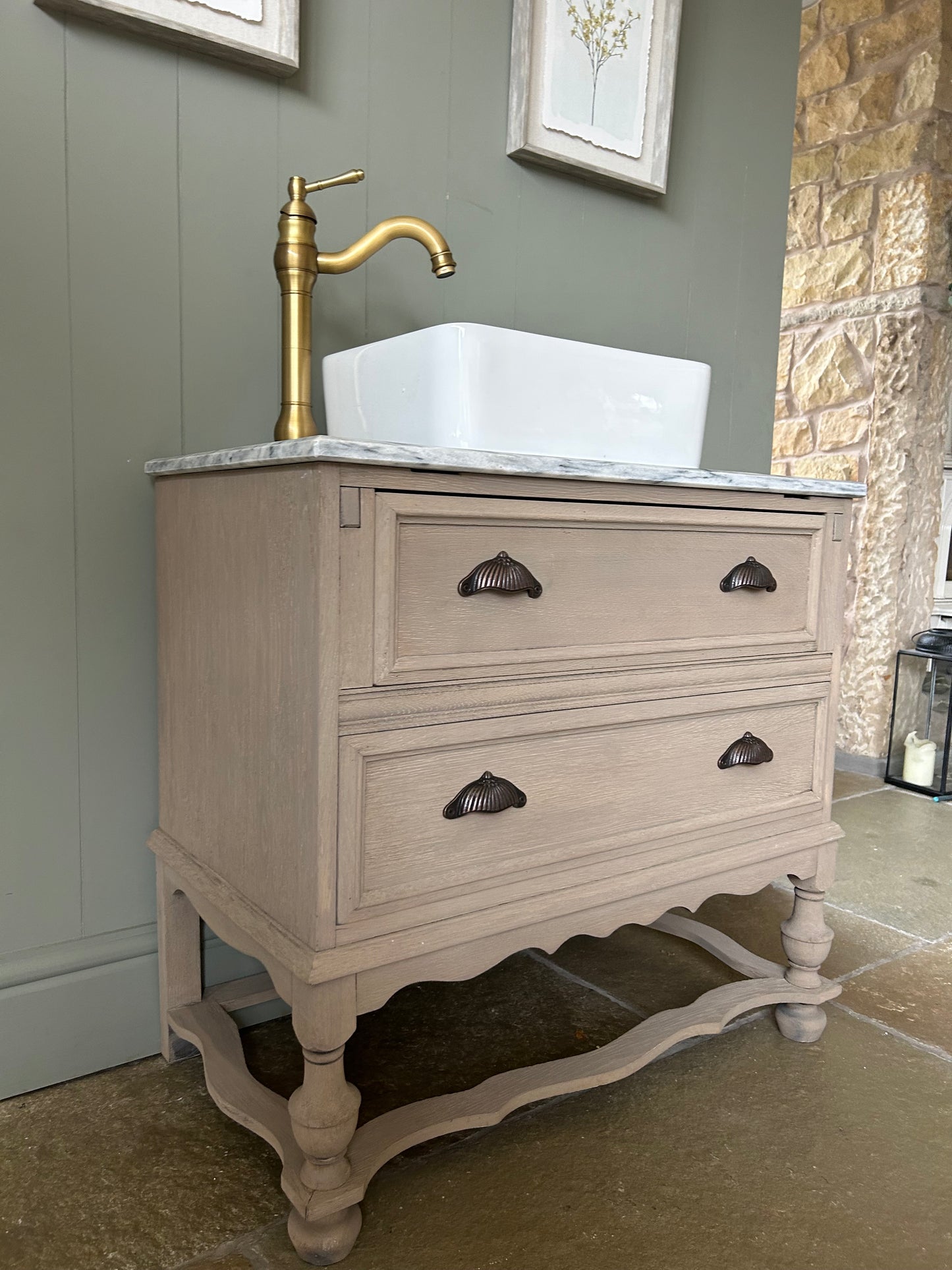 Vintage Marble Topped Vanity Sink finished in a Weathered Oak Style