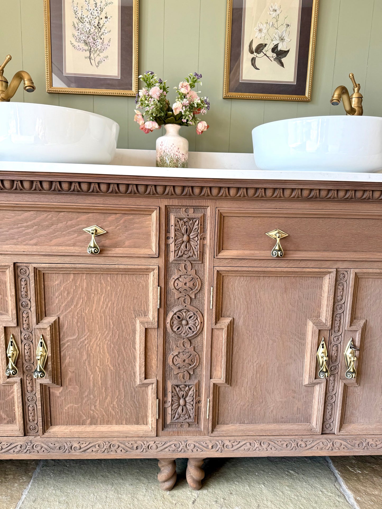 Large Mid Solid Oak Double Vanity Sink, Quartz top, Upstand and two basins. ( 185cm wide)