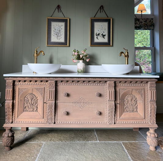 Large Antique Solid Oak Vanity Sink, Carrara Quartz top, Upstand and two basins. (168cm wide)