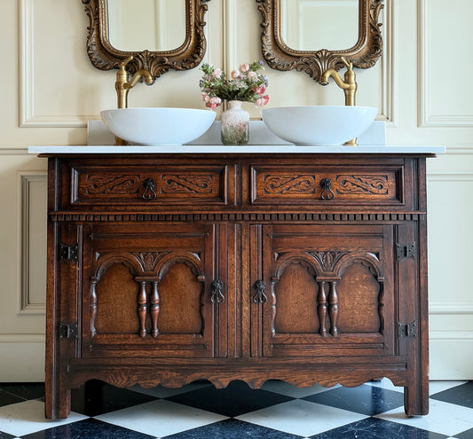 Antique Classic Double or Single Dark Oak Vanity Sink Unit, Quartz top, Upstand and basin/s (123cm wide)