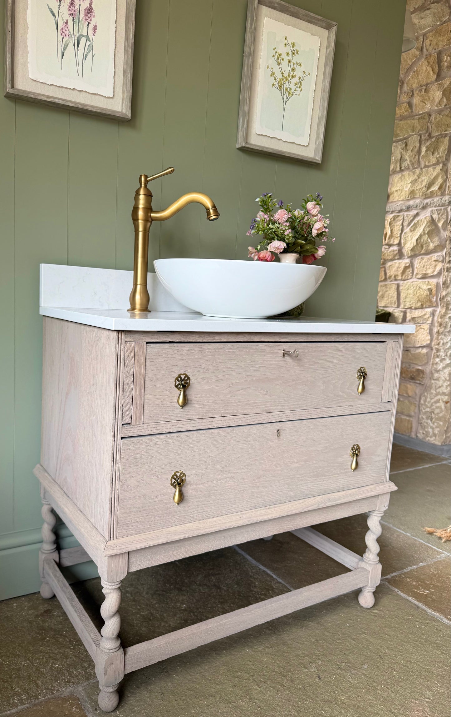 Vintage Single Vanity Sink in a Light weathered Oak, Carrara Quartz top, Upstand and basin. 78.5cm (wide)