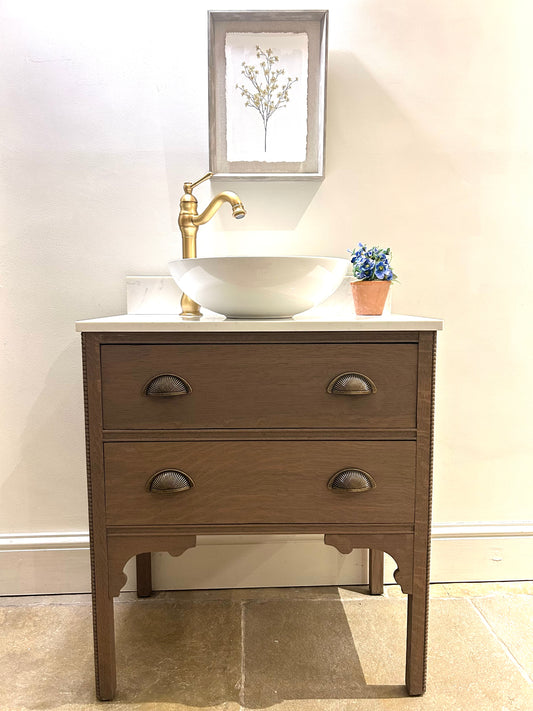 Small Vanity Sink in Warm Oak with quartz top, Upstand and countertop basin. 69.5 cm width