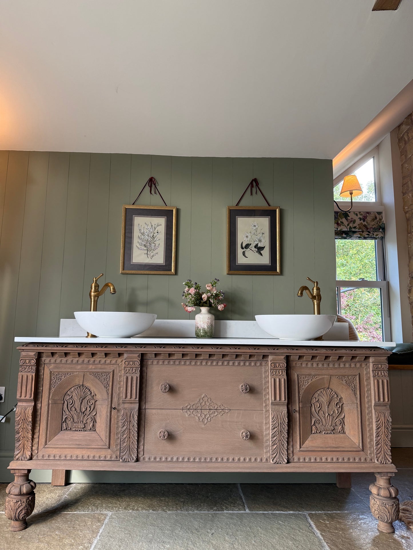 Large Antique Solid Oak Vanity Sink, Carrara Quartz top, Upstand and two basins. (168cm wide)