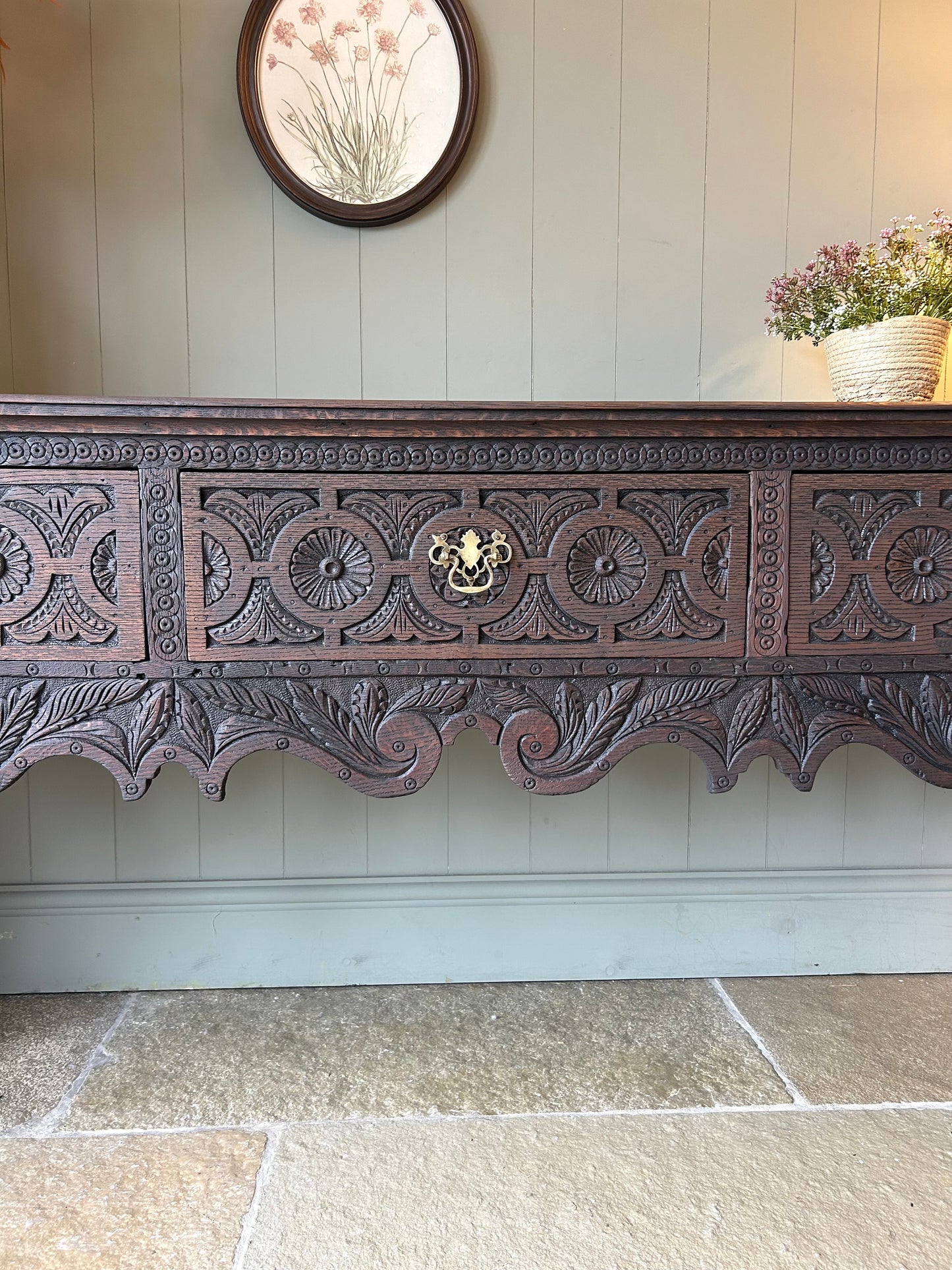 Antique Large Dark Solid Oak console table