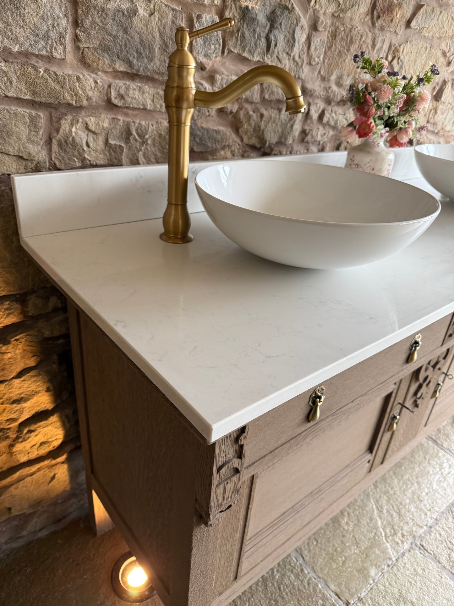 Vintage Oak Double Vanity Sink Unit, Carrara Quartz Top, Upstand and Basins (154cm wide) Finished in a Light Oak