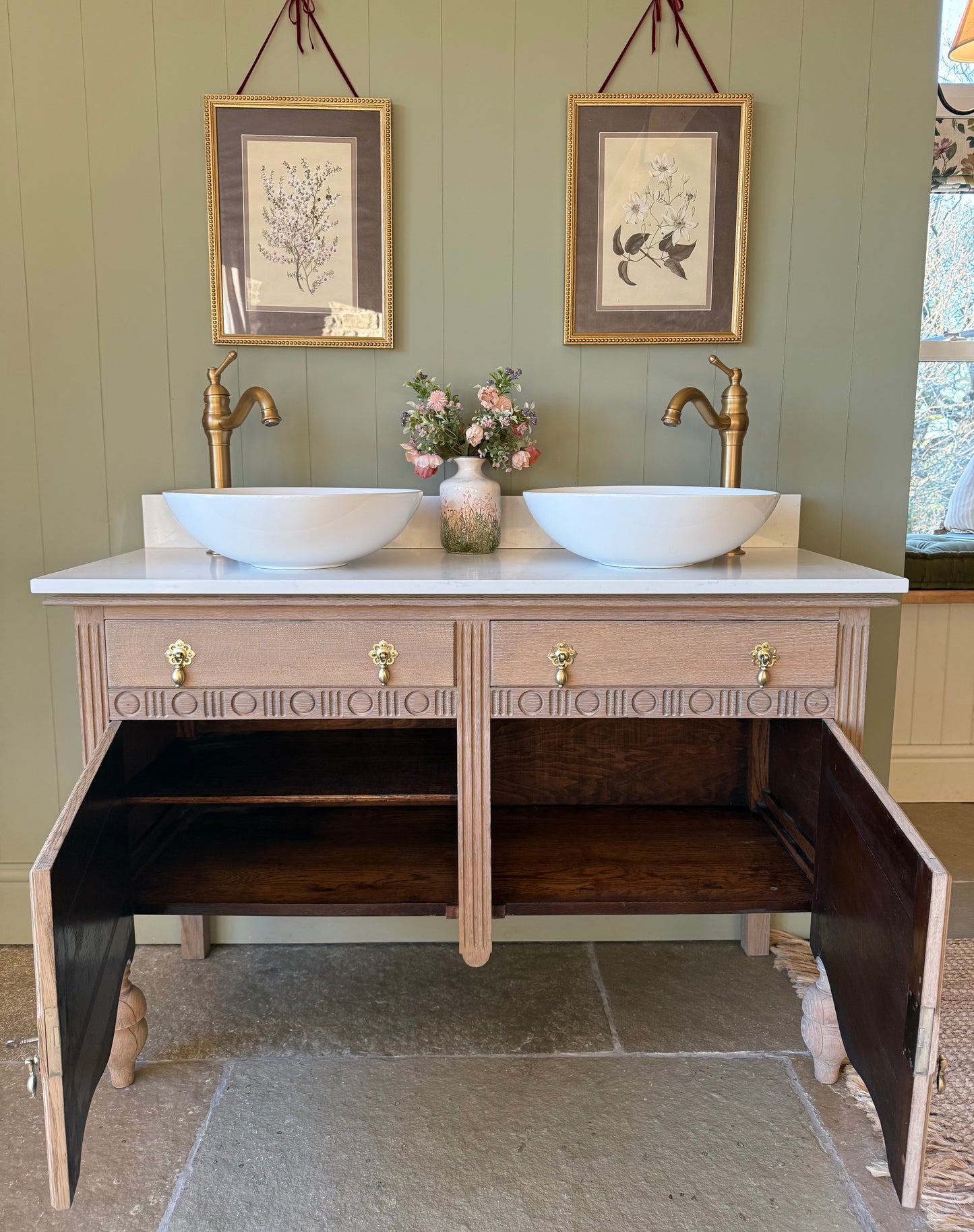 Double solid oak Vanity Sink, Carrara Quartz Top, Upstand and two basins. (123.5cm wide)
