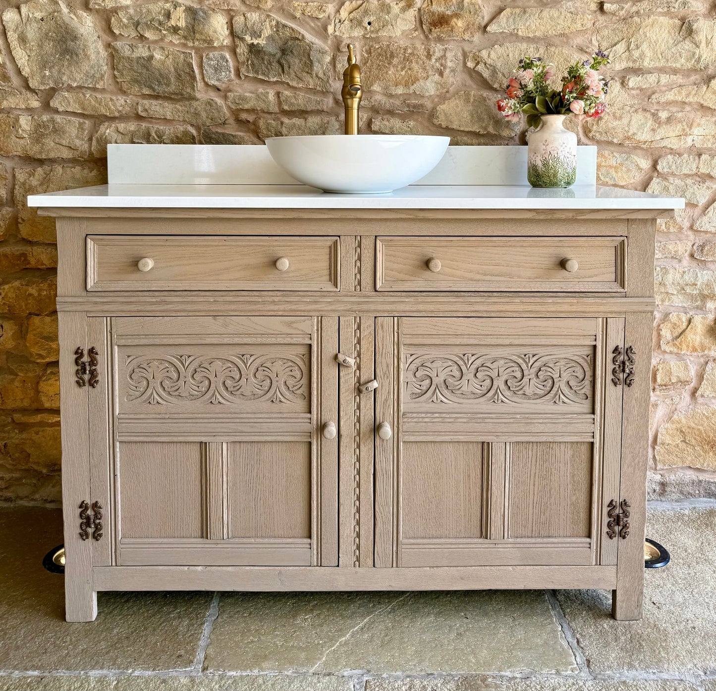 Vintage Light Oak Double/or Single Vanity Sink Unit, Quartz Top, Upstand and two basins (124cm wide)