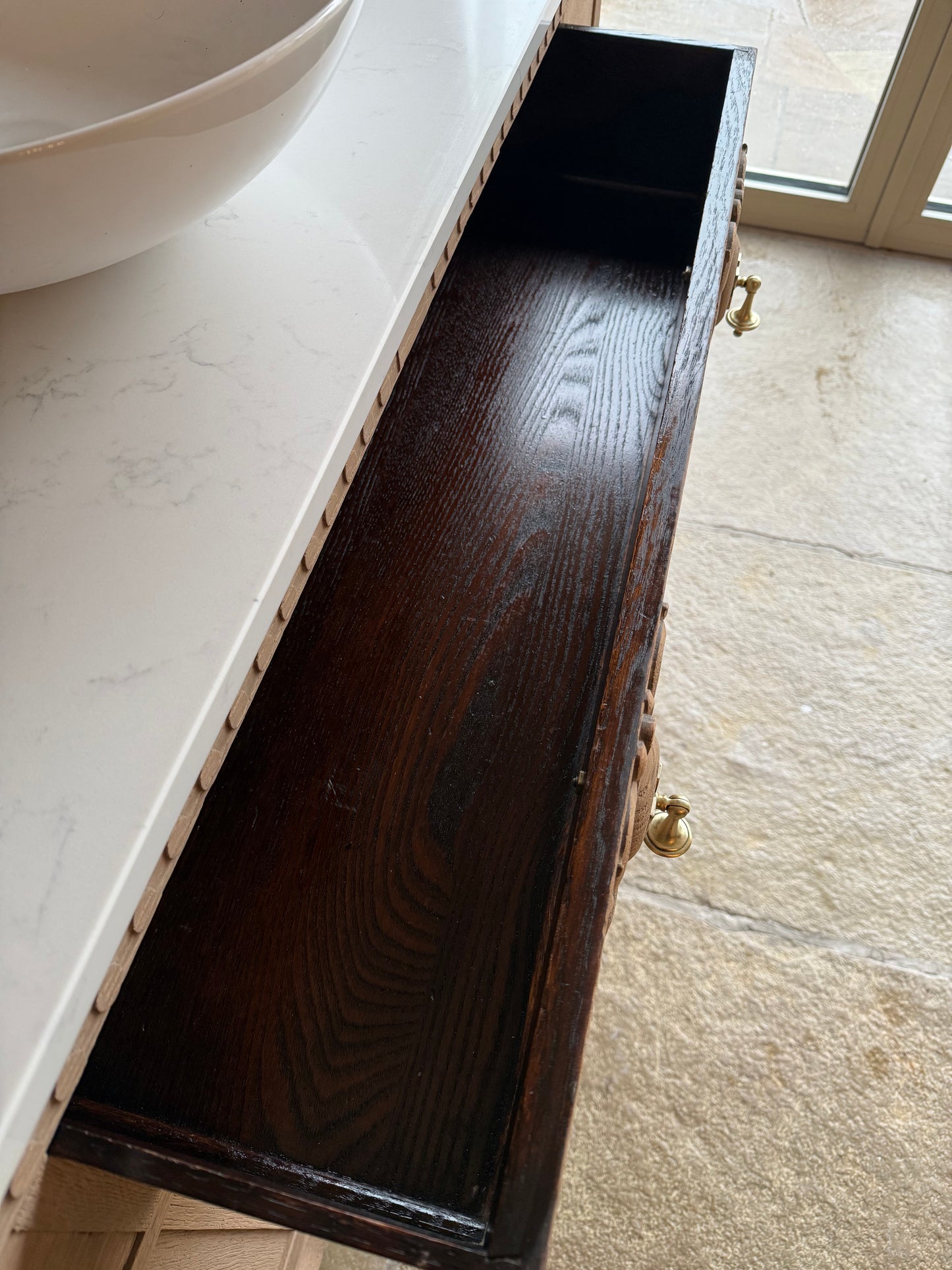 Vintage Solid Oak Vanity Sink, Carrara Quartz top, Upstand and basin. (134cm wide)