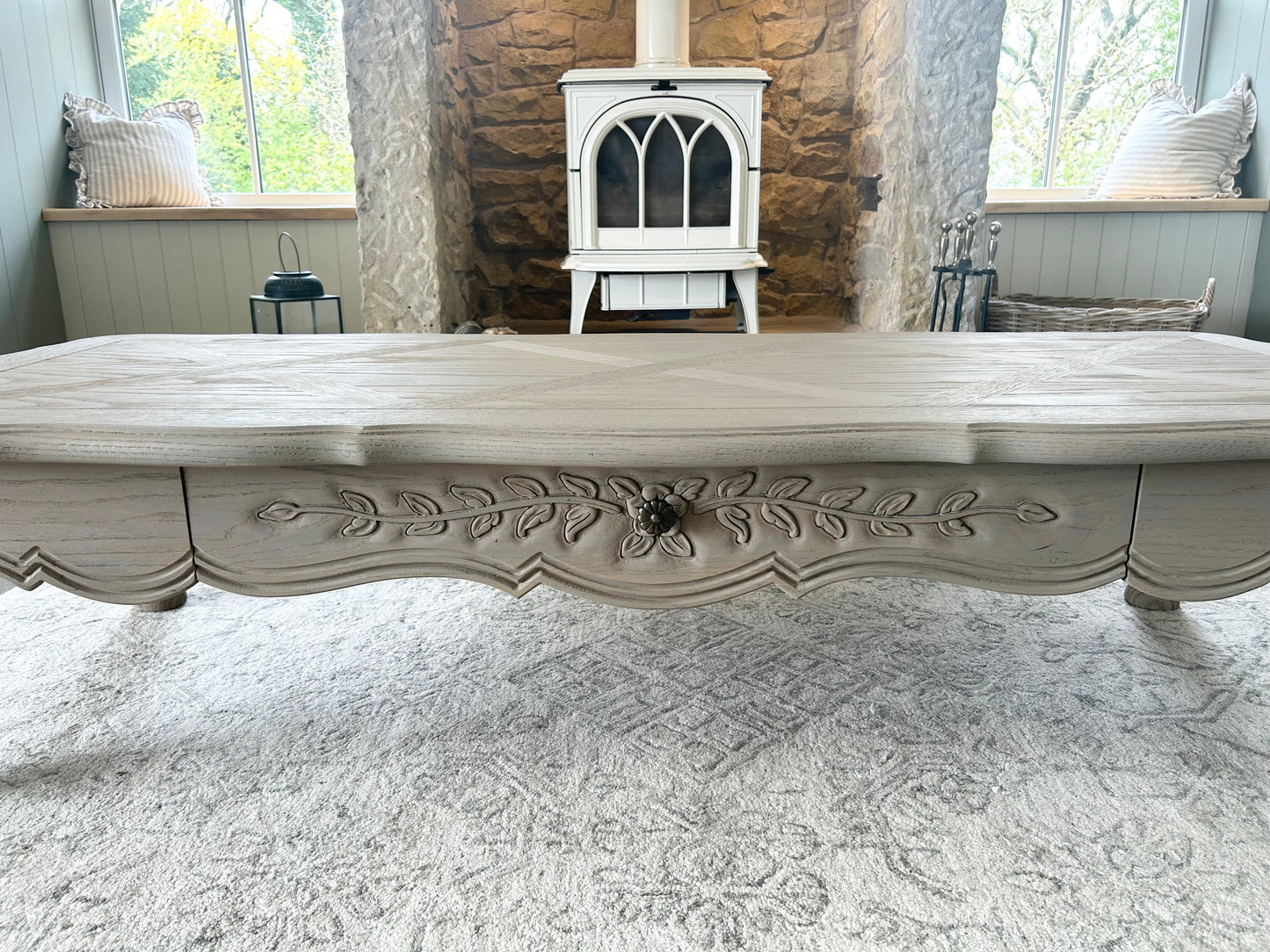 Large Solid Oak Coffee Table with carved detailing.