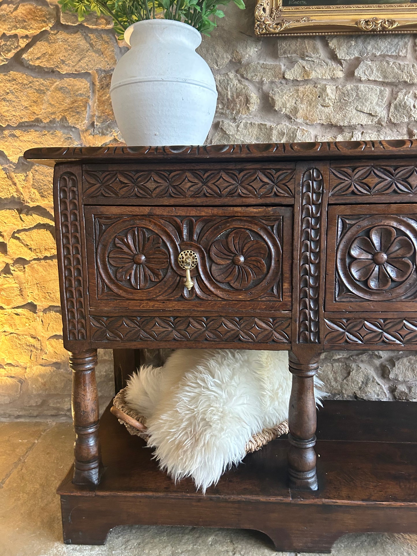 1700s Antique Solid Oak Console Table sideboard with beautiful hand carved detailing.