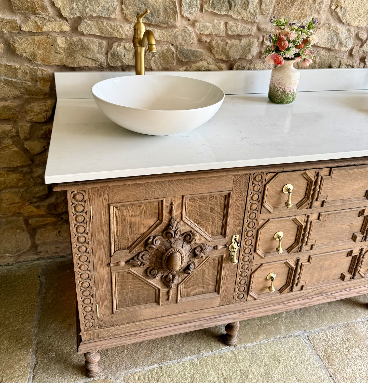 Large Carved Antique Solid Oak Vanity Sink Unit, Carrara Quartz Top, Upstand and TwoBasins.(182 cm wide)