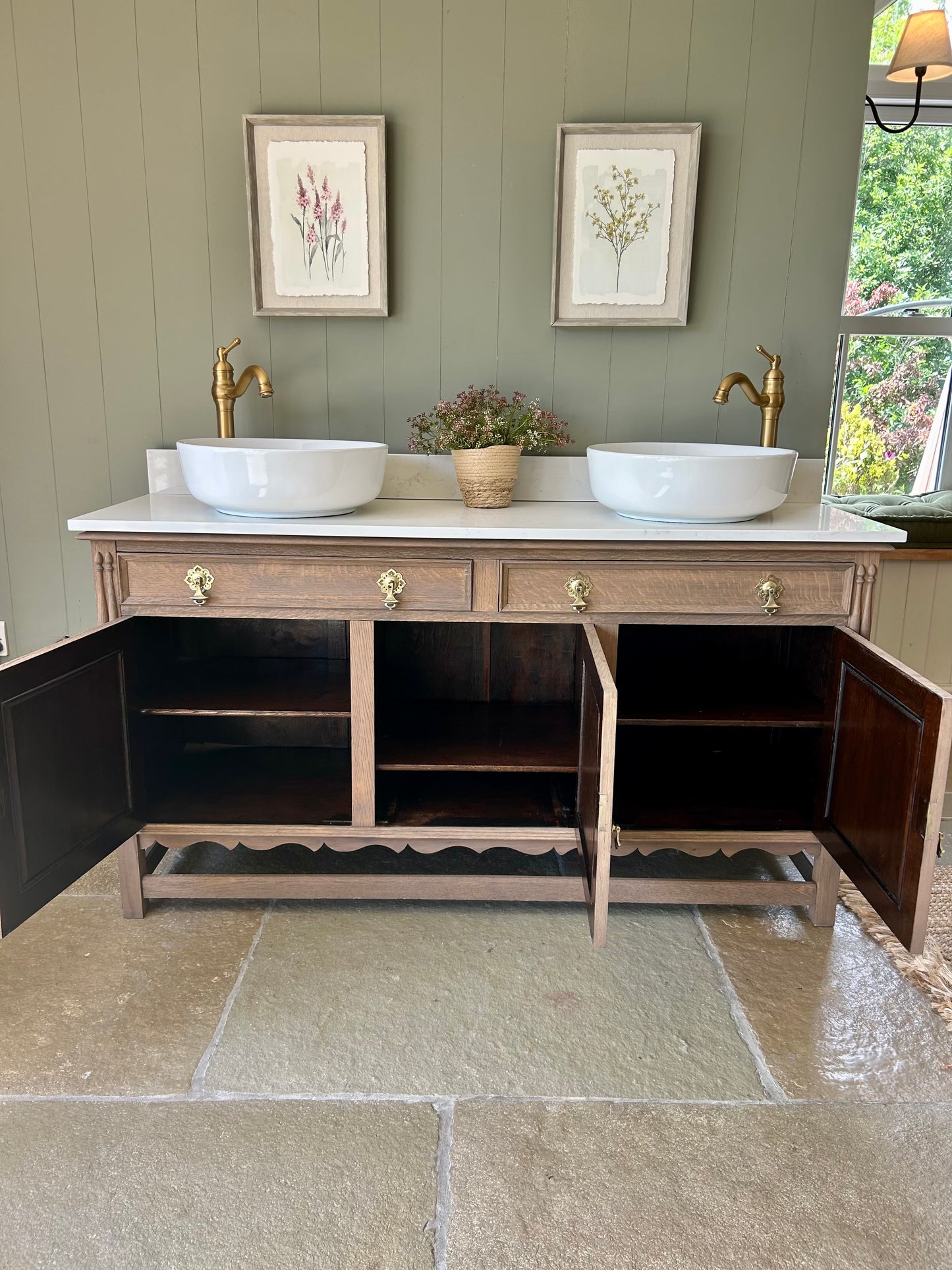 Large Mid Oak Vintage Double Vanity Sink, Quartz top with 2 counter top basins and Upstand. (155cm wide)