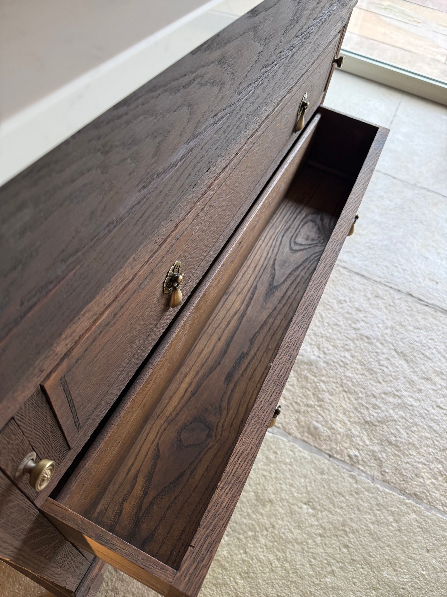 Vintage Solid Oak Vanity Sink Unit, Carrara Quartz Top, Upstand and Basin (94cm wide)