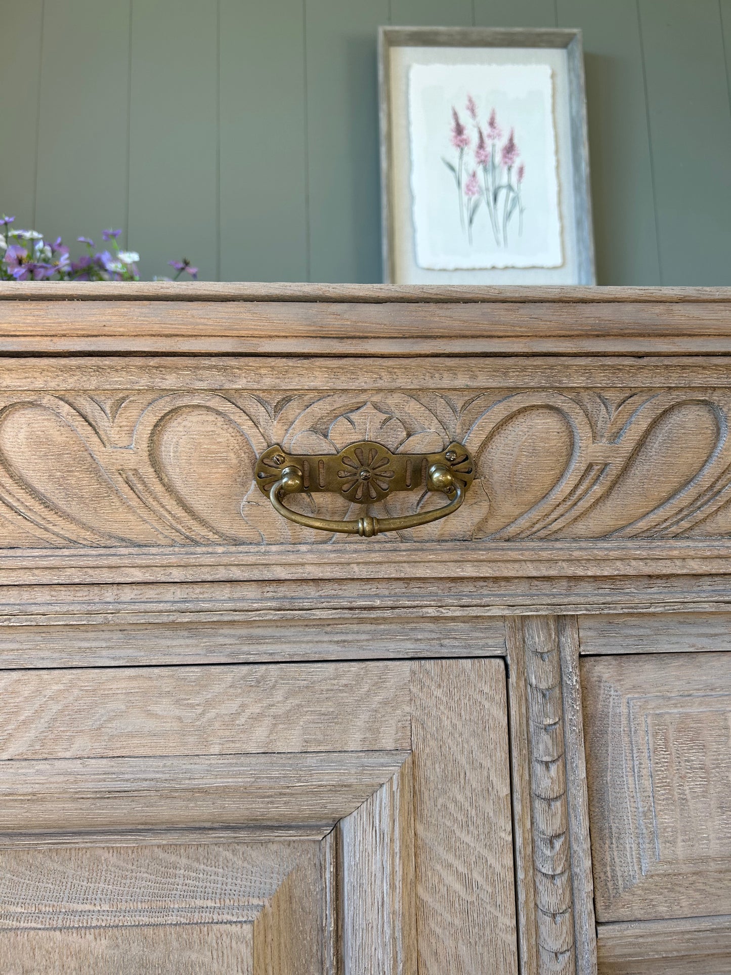 Large Vintage Weathered Oak Sideboard with Ornate Detailing.