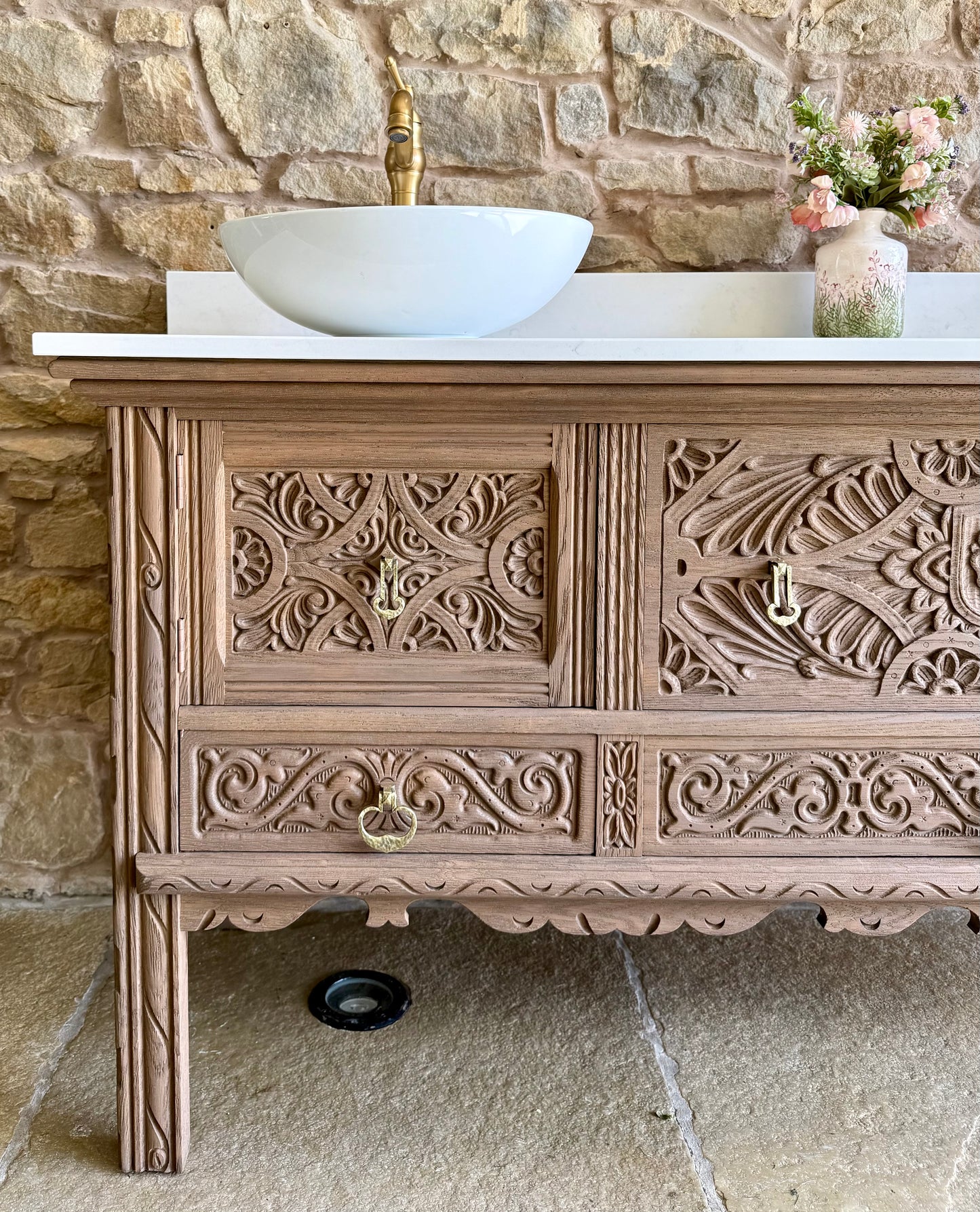 Large Ornate Warm Oak Vintage Vanity Sink Unit, Carrara Quartz Worktop, Upstand and Two Basins (185cm wide)