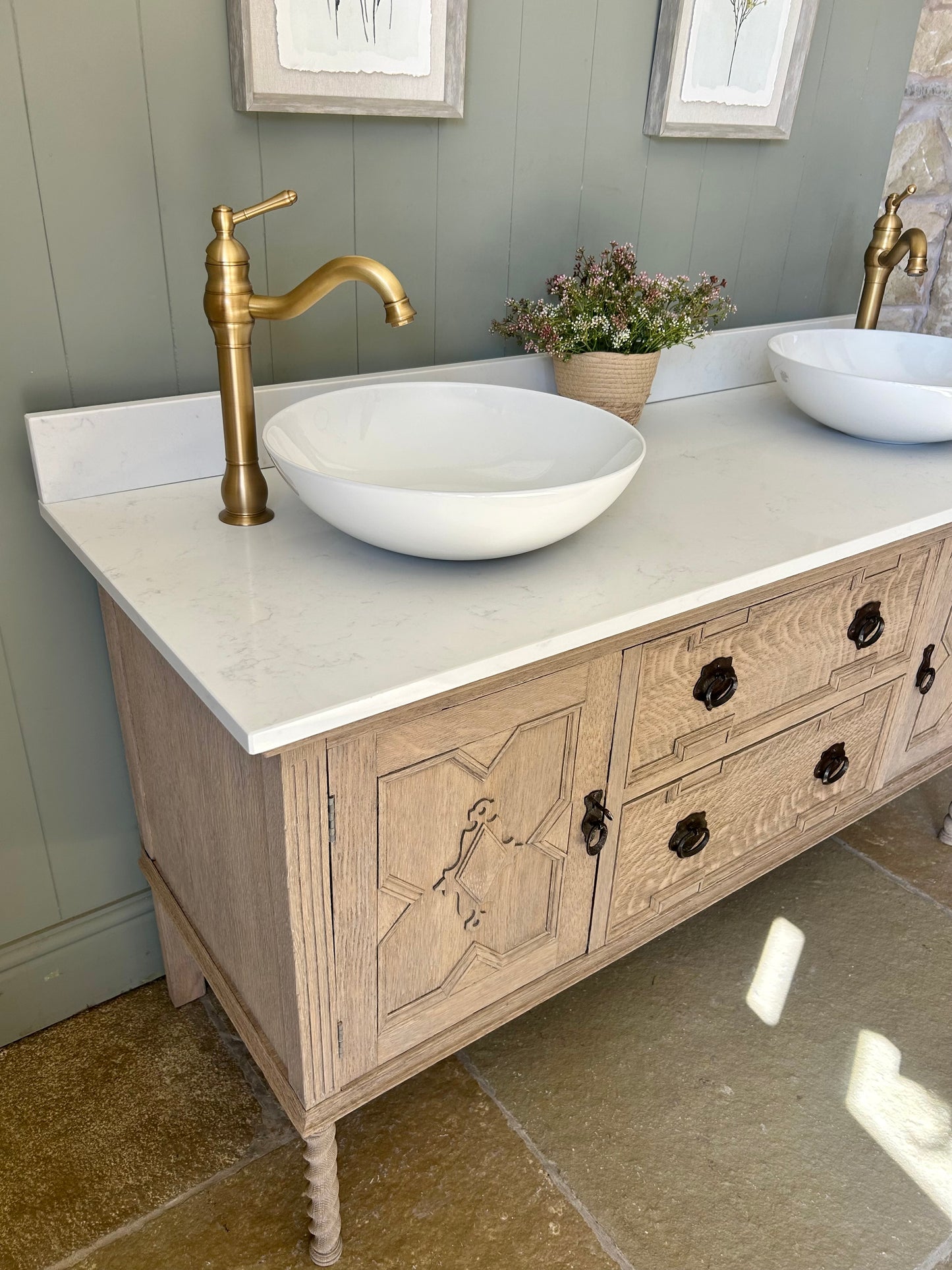 Light Oak Double Vanity Sink, quartz top, Upstand and two basins.