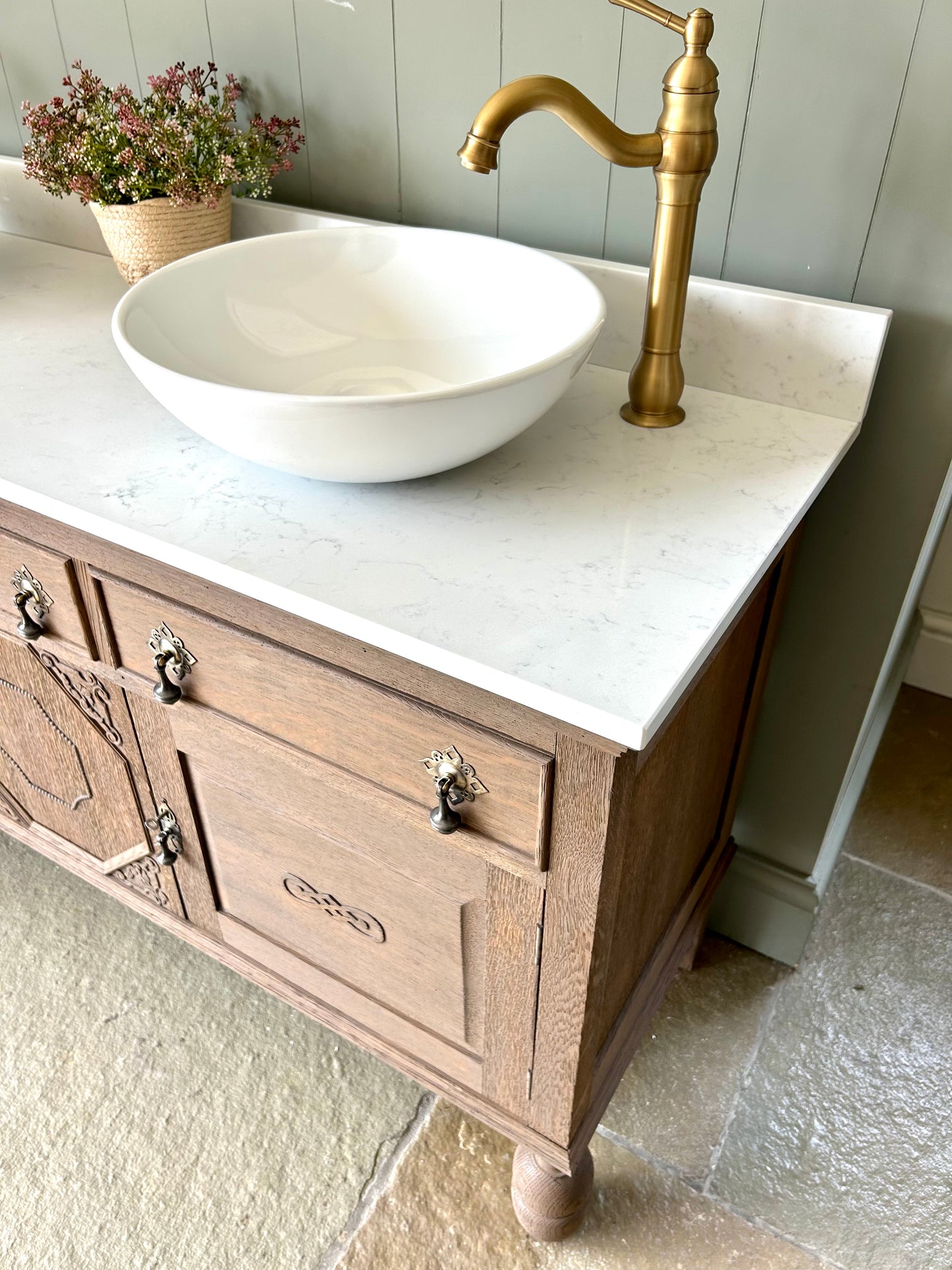 Vintage Solid Oak Double Vanity Sink in a Mid Warm Oak. Quartz top, Upstand and two basins. (155.5cm wide)
