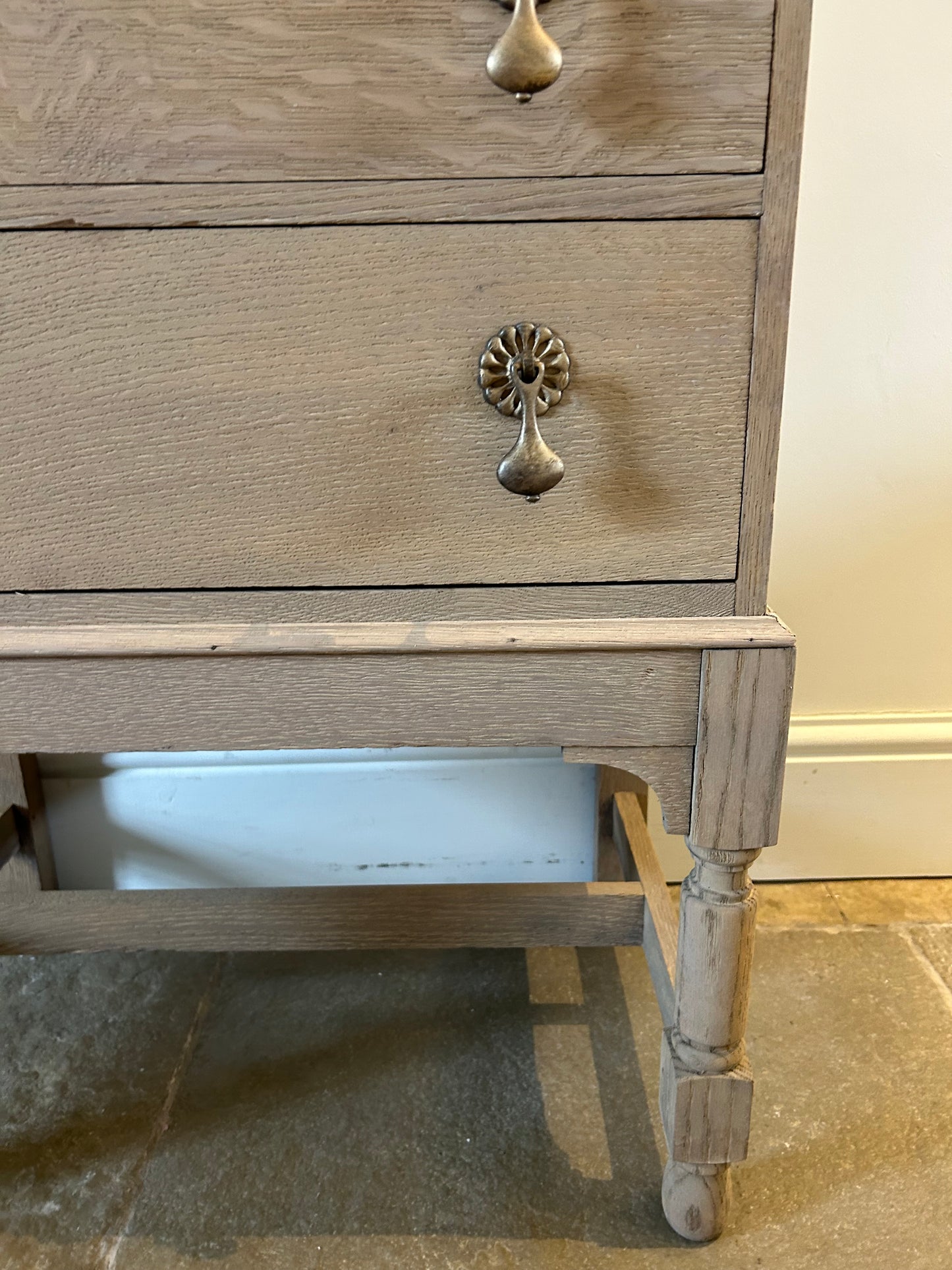 Small Marble Quartz top vanity Sink unit. Weathered Solid Oak 60cm wide