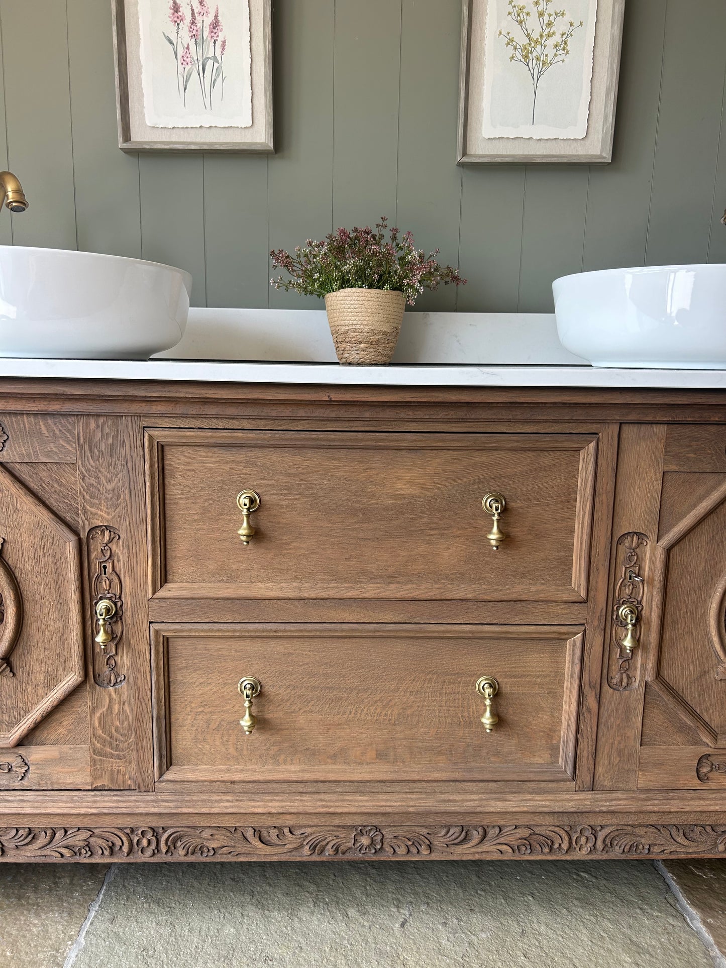 Extra Large Double Vanity Sink. Solid Oak finished in Mid Oak. Carrara Quartz top, Upstand and two basins. (187cm wide)