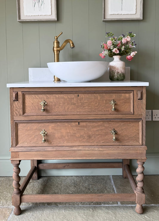 Antique Solid Oak Single Vanity Sink, Carrara Quartz top, Upstand and basin. (77cm wide)