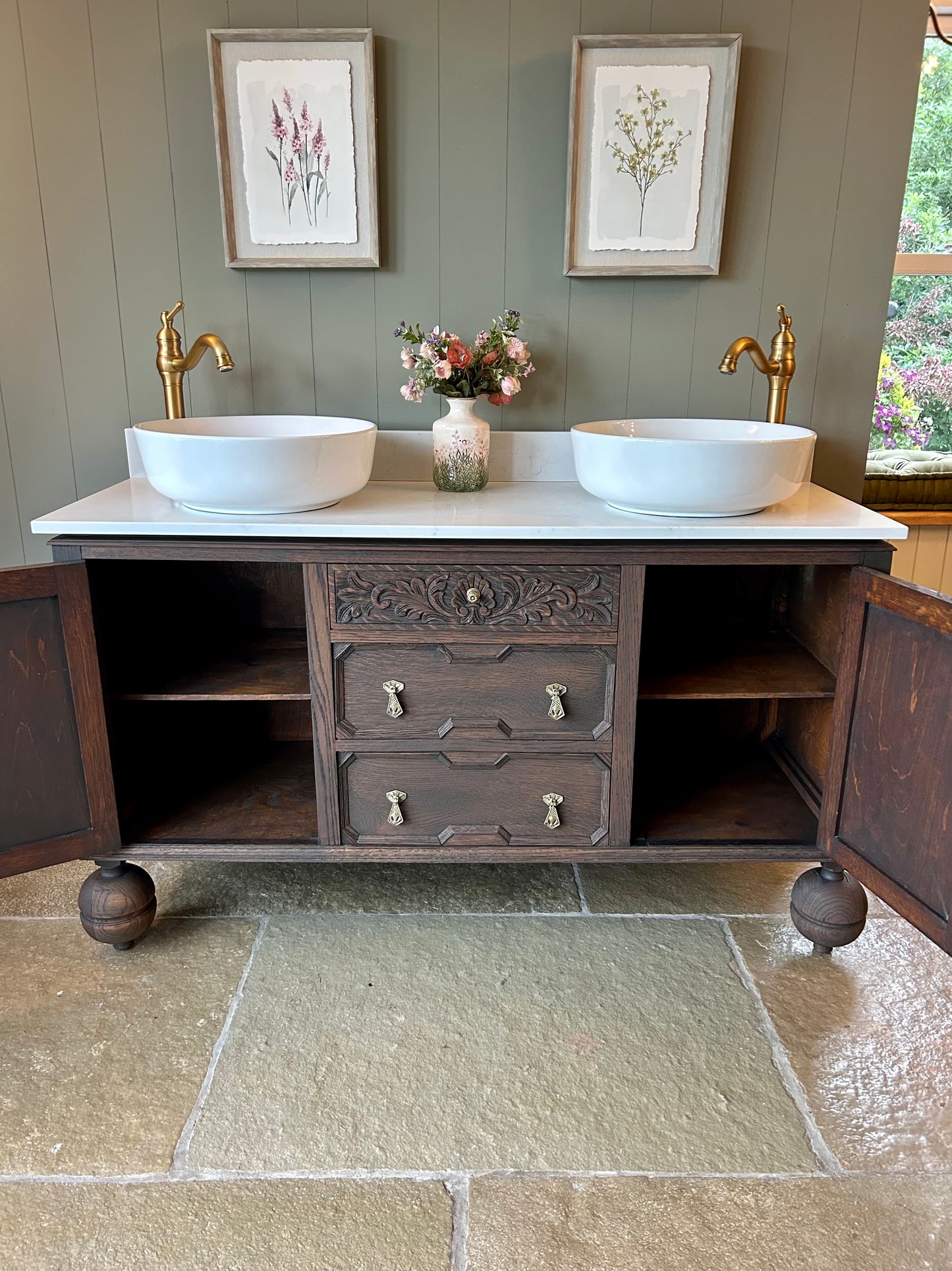 Classic Dark Oak Double. Amity Sink, Quartz top, Upstand and two basins. (141cm wide)
