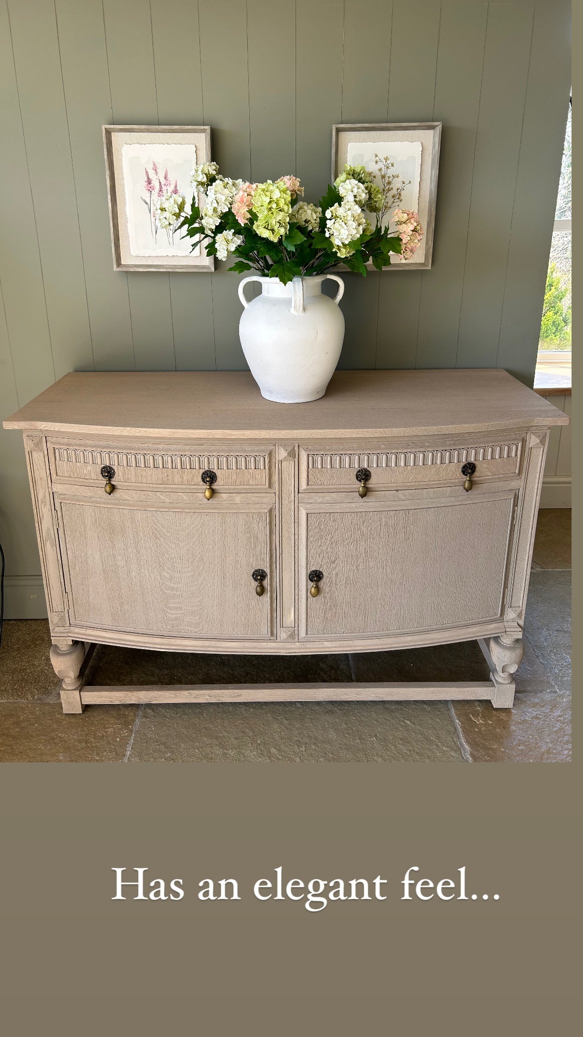 Vintage Bow Fronted sideboard finished in a weathered oak style.