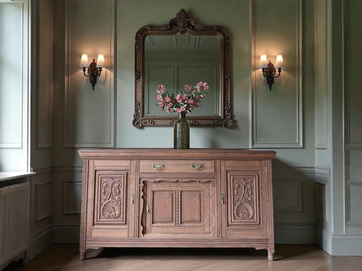 Large Antique Solid Oak Sideboard with beautiful carved detailing
