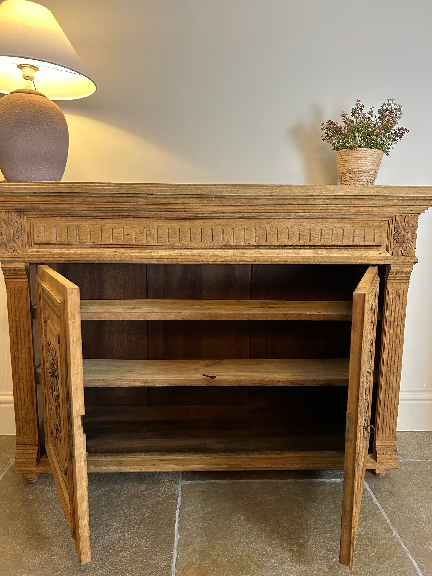 Rustic Solid Oak Narrow Sideboard with pretty Musical and Floral Carvings