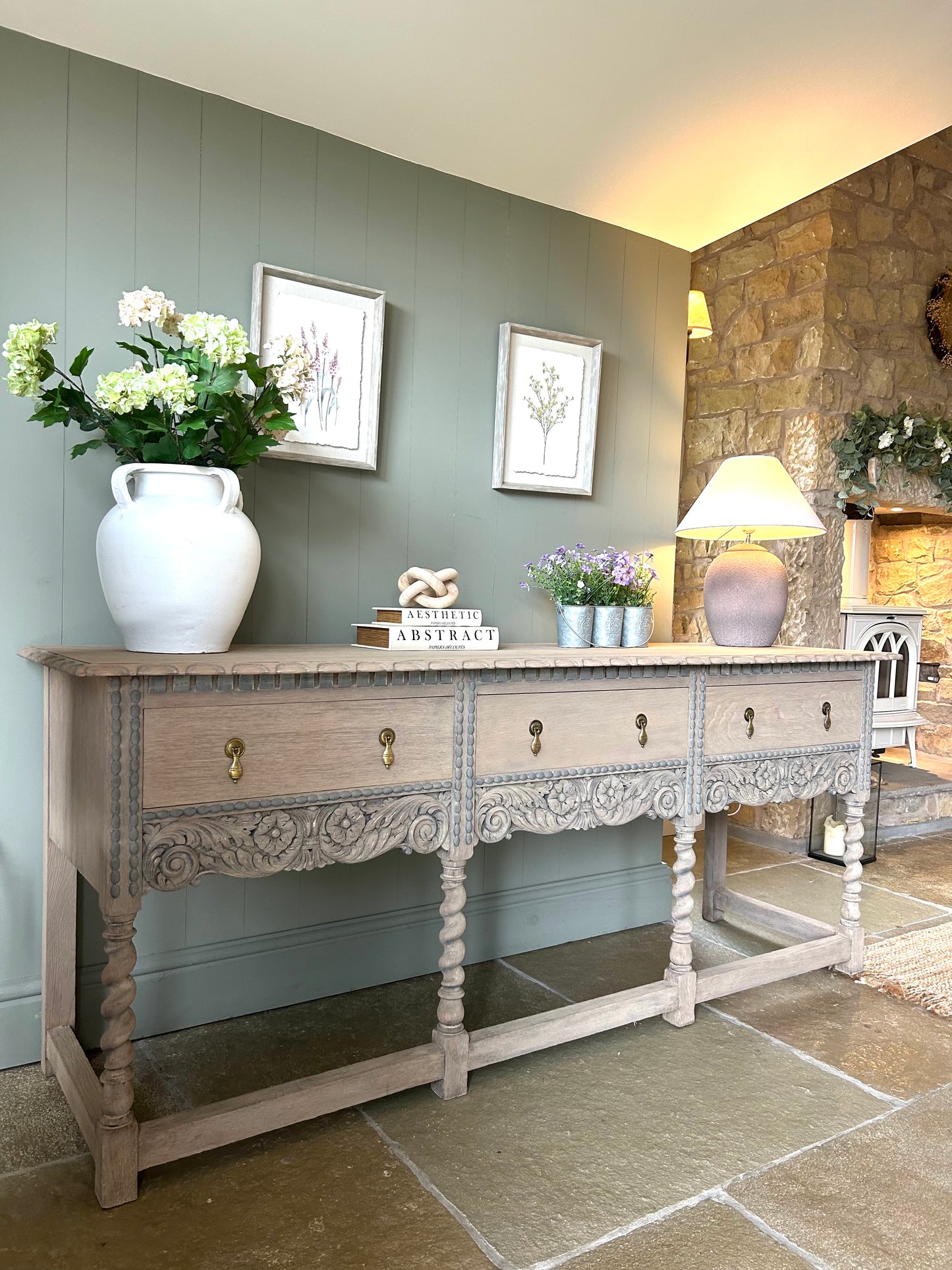 Large Carved Solid Oak Console Table finished in a weathered oak