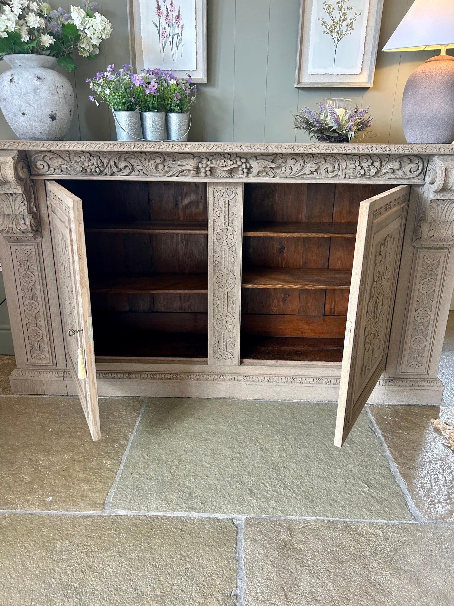 Ornate antique Sideboard Console Solid Oak finished in a light weathered oak style.