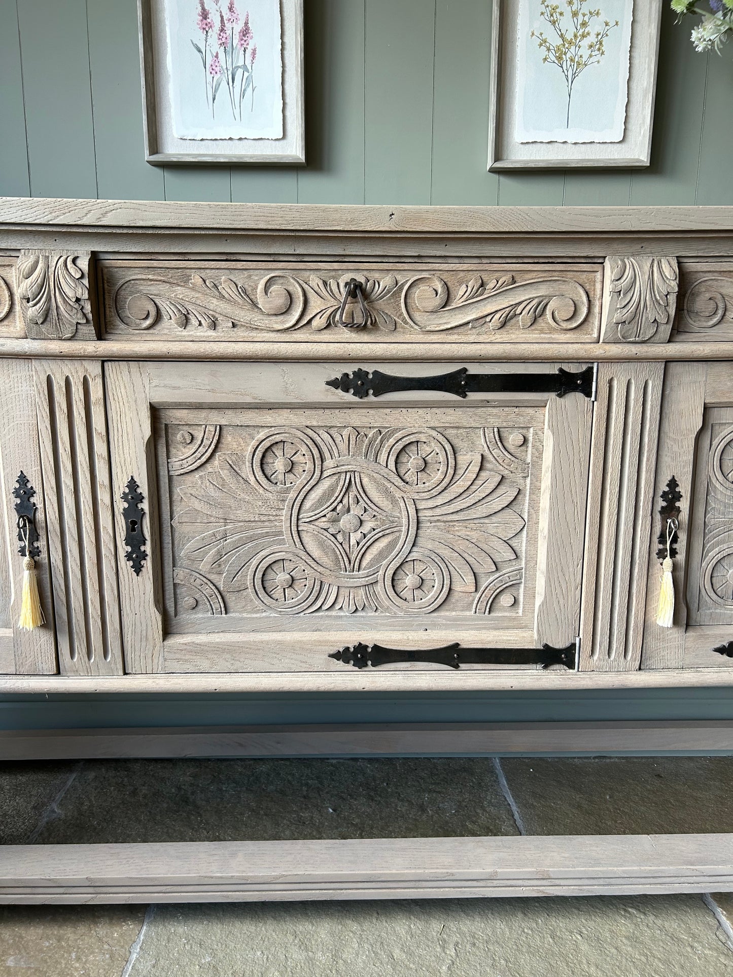 Large Ornate Carved Rustic Antique Sideboard.