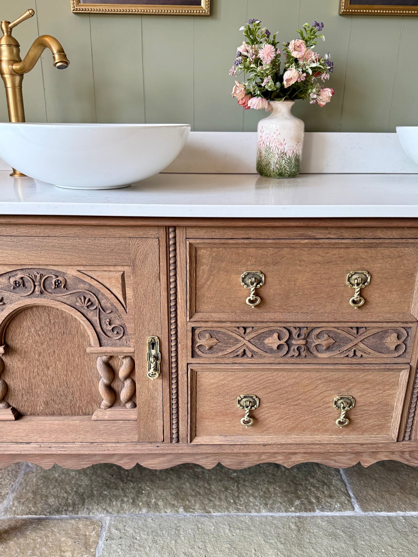 Large Oak Vanity Sink, Carrara Quartz top, Upstand and two basins. (154cm wide)