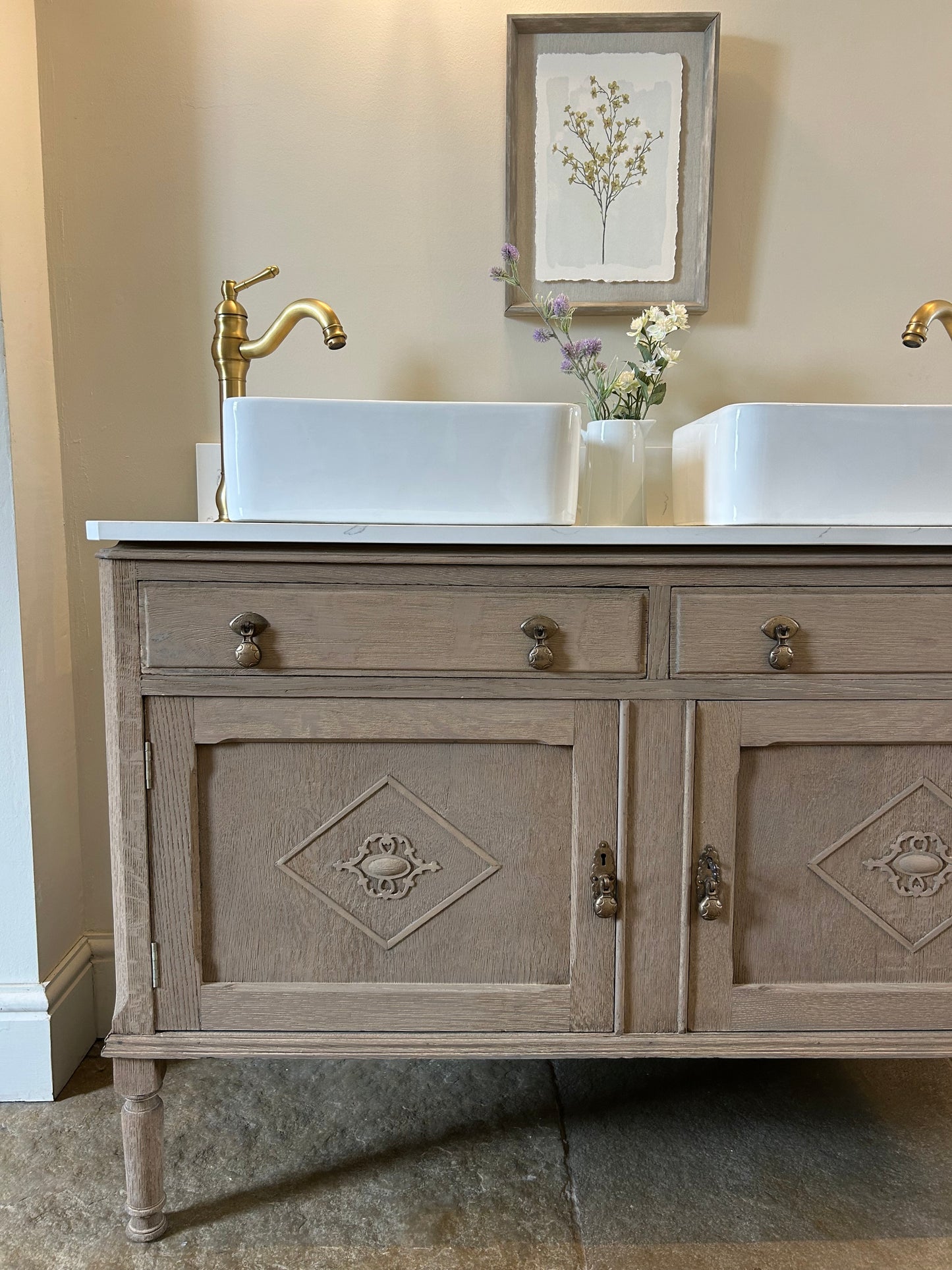 Vintage Double Vanity Sink. Solid Weathered Oak. Quartz/Marble top with Upstand.