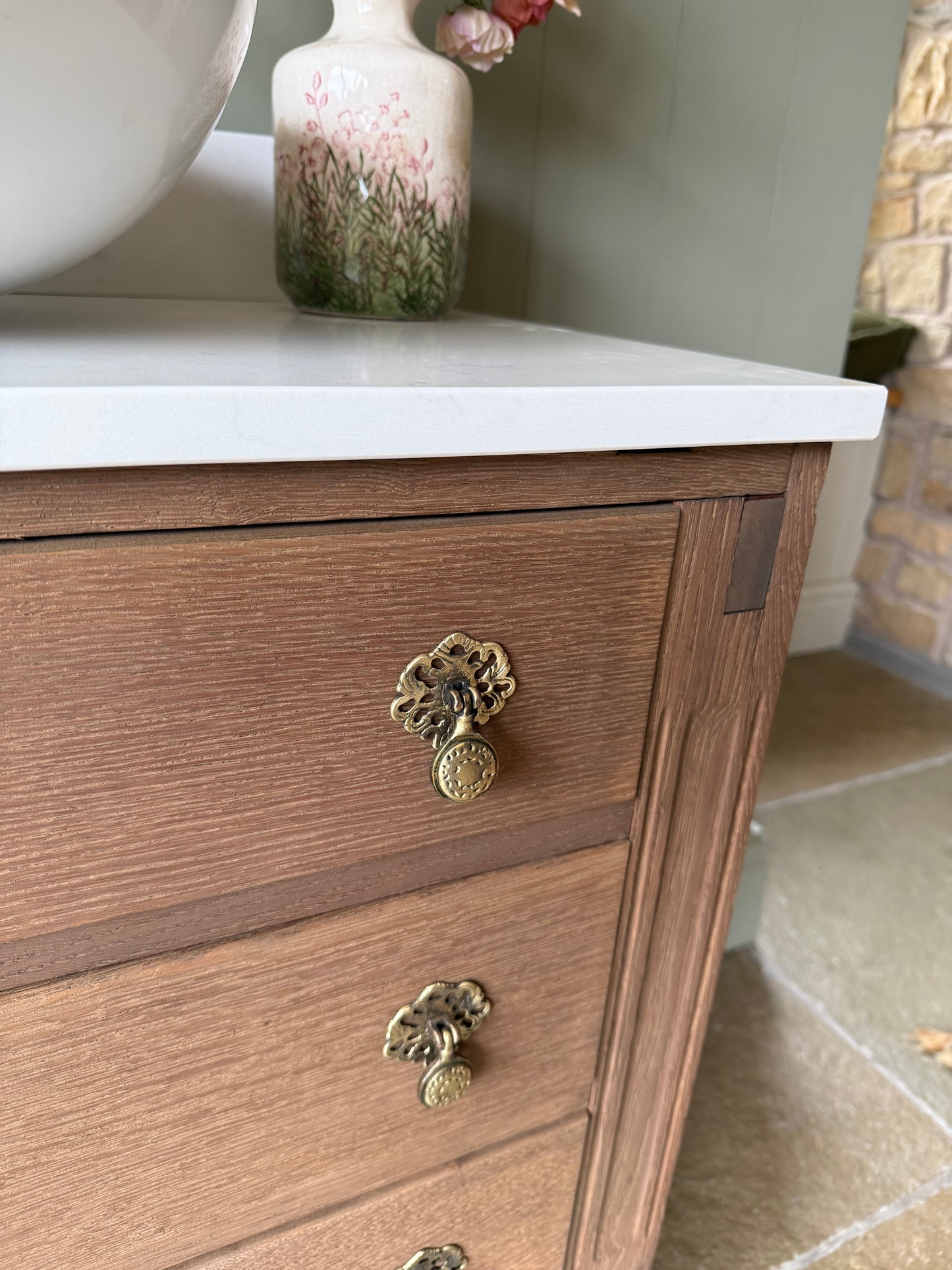 Vintage Oak Vanity Sink, Quartz top, Upstand and basin (77cm wide)
