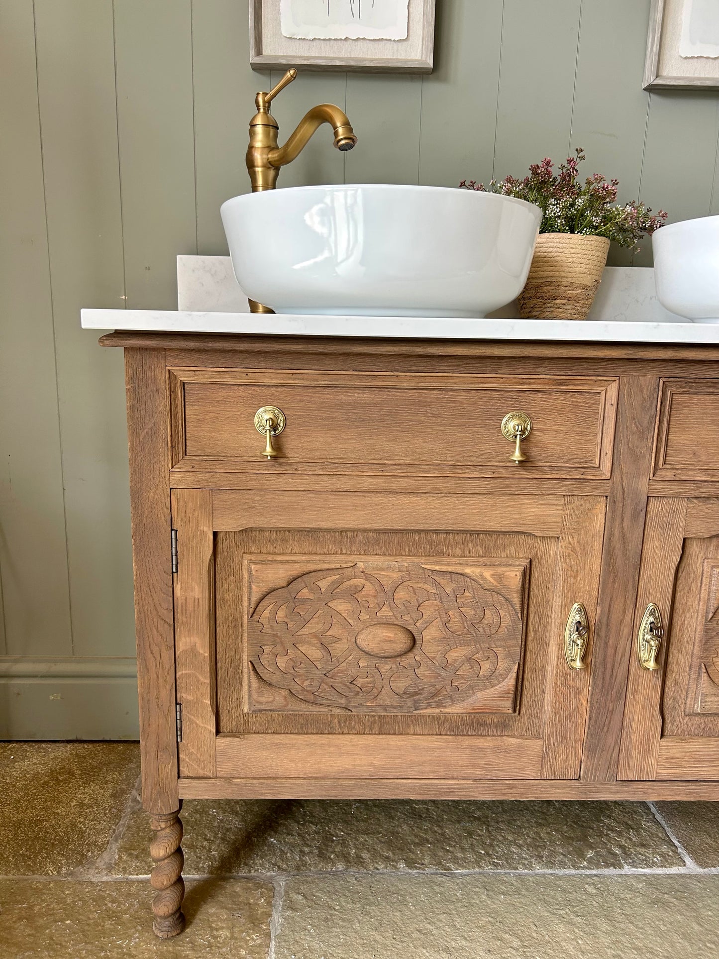 Vintage Mid Oak Double Vanity Sink, Carrara Quartz Top, Upstand and two countertop basins. (124cm wide)