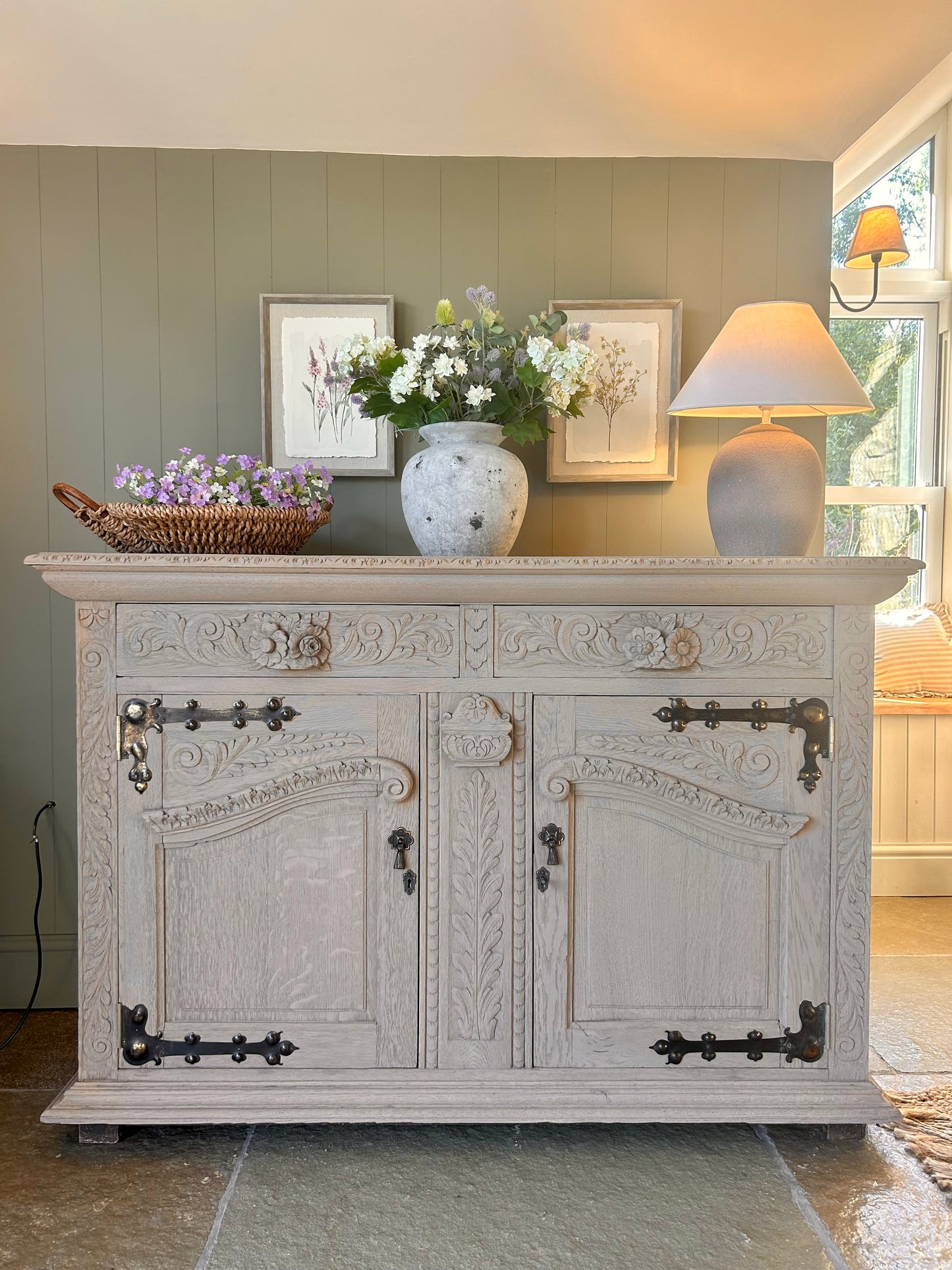 Antique Solid Oak Sideboard finished in a natural weathered oak style