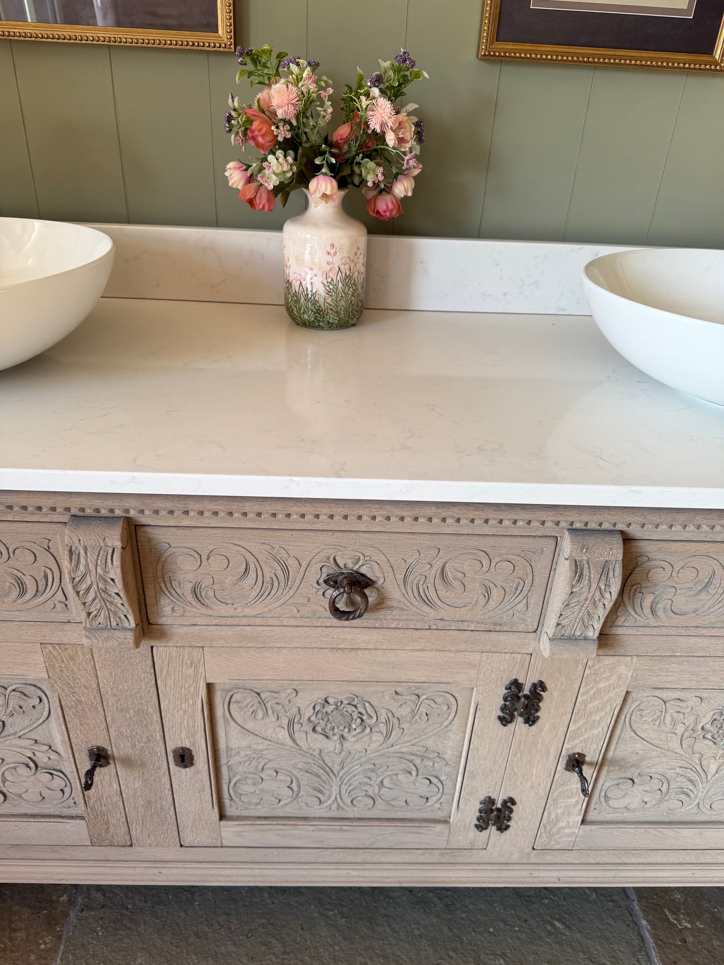 Solid Oak Vintage Double Vanity Sink Unit, Quartz top, Upstand and two basins