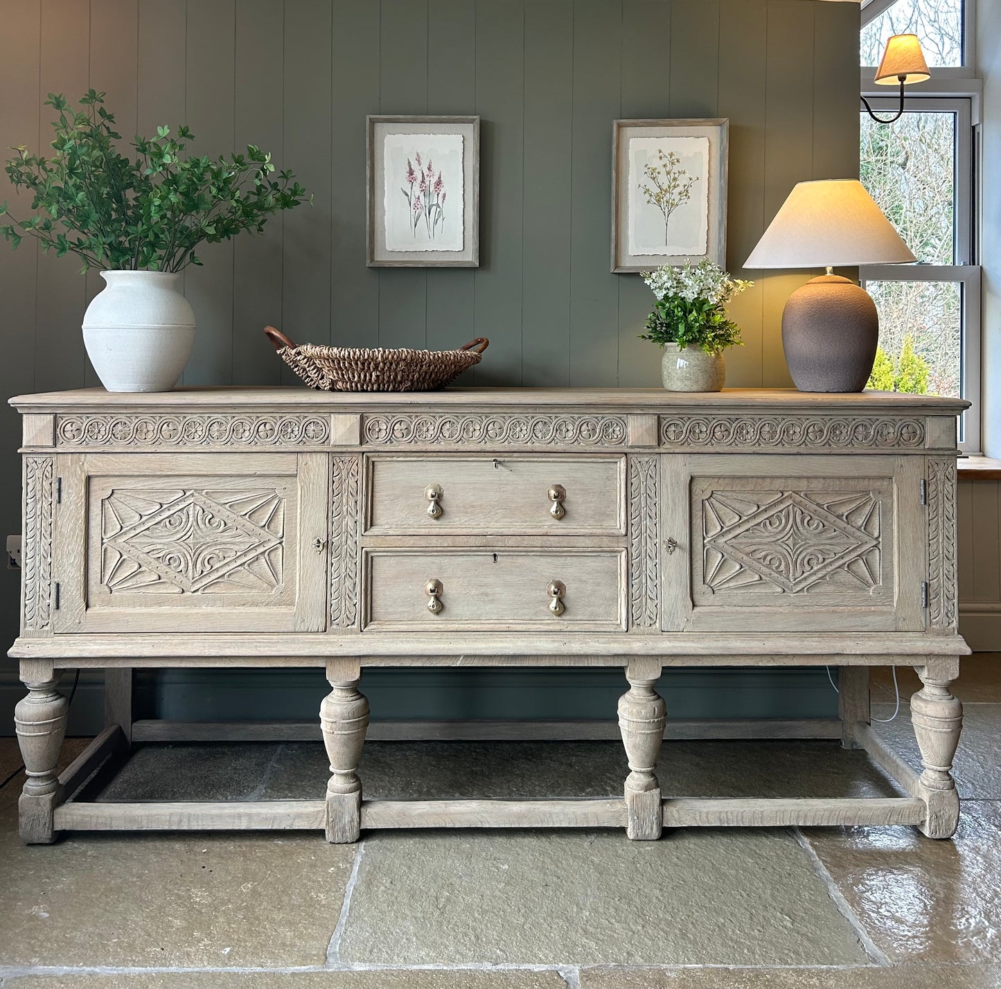 Antique Large Solid Oak Sideboard finished in a light weathered oak