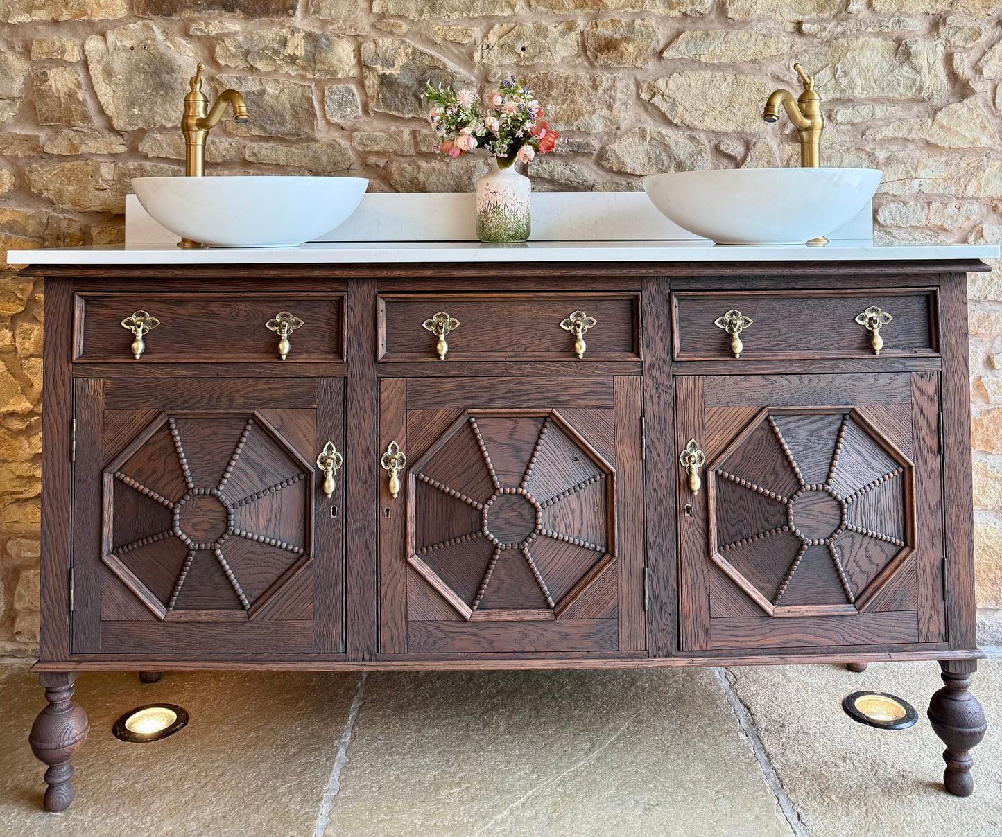 Large Vintage Vanity Sink in a Classic Dark Oak, Quartz Top, Upstand and Two Basins (154cm)