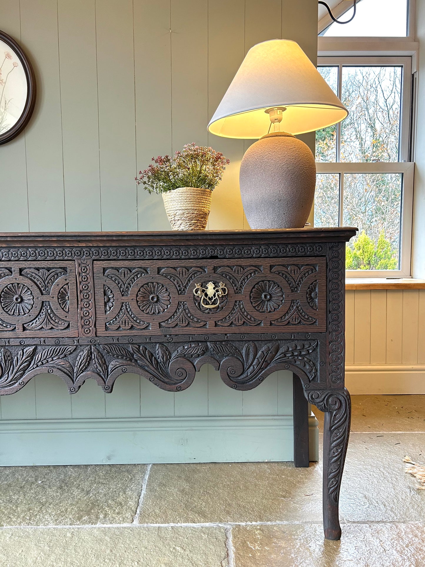 Antique Large Dark Solid Oak console table