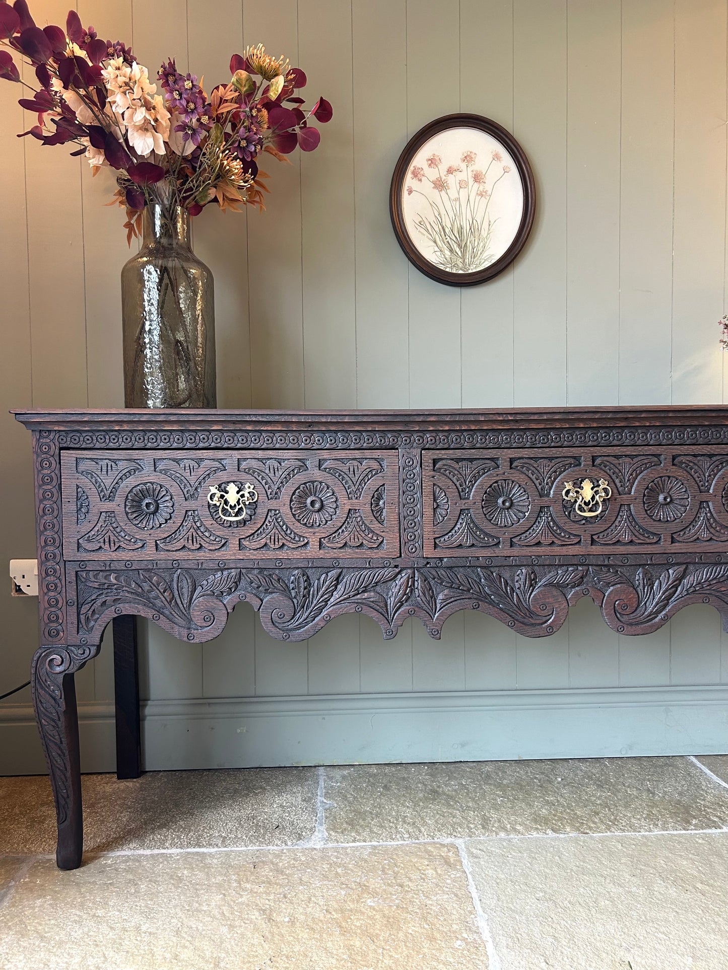 Antique Large Dark Solid Oak console table