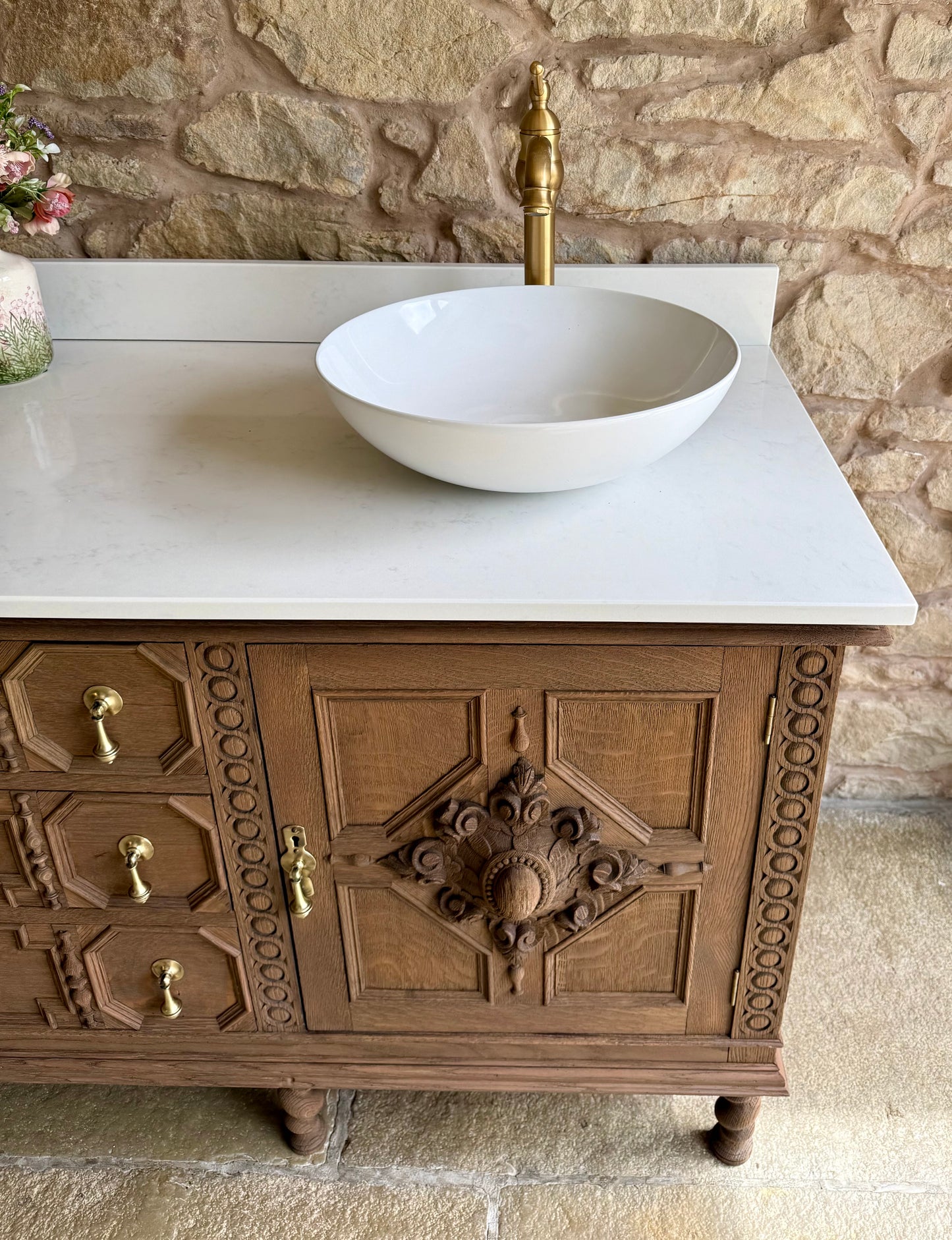 Large Carved Antique Solid Oak Vanity Sink Unit, Carrara Quartz Top, Upstand and TwoBasins.(182 cm wide)