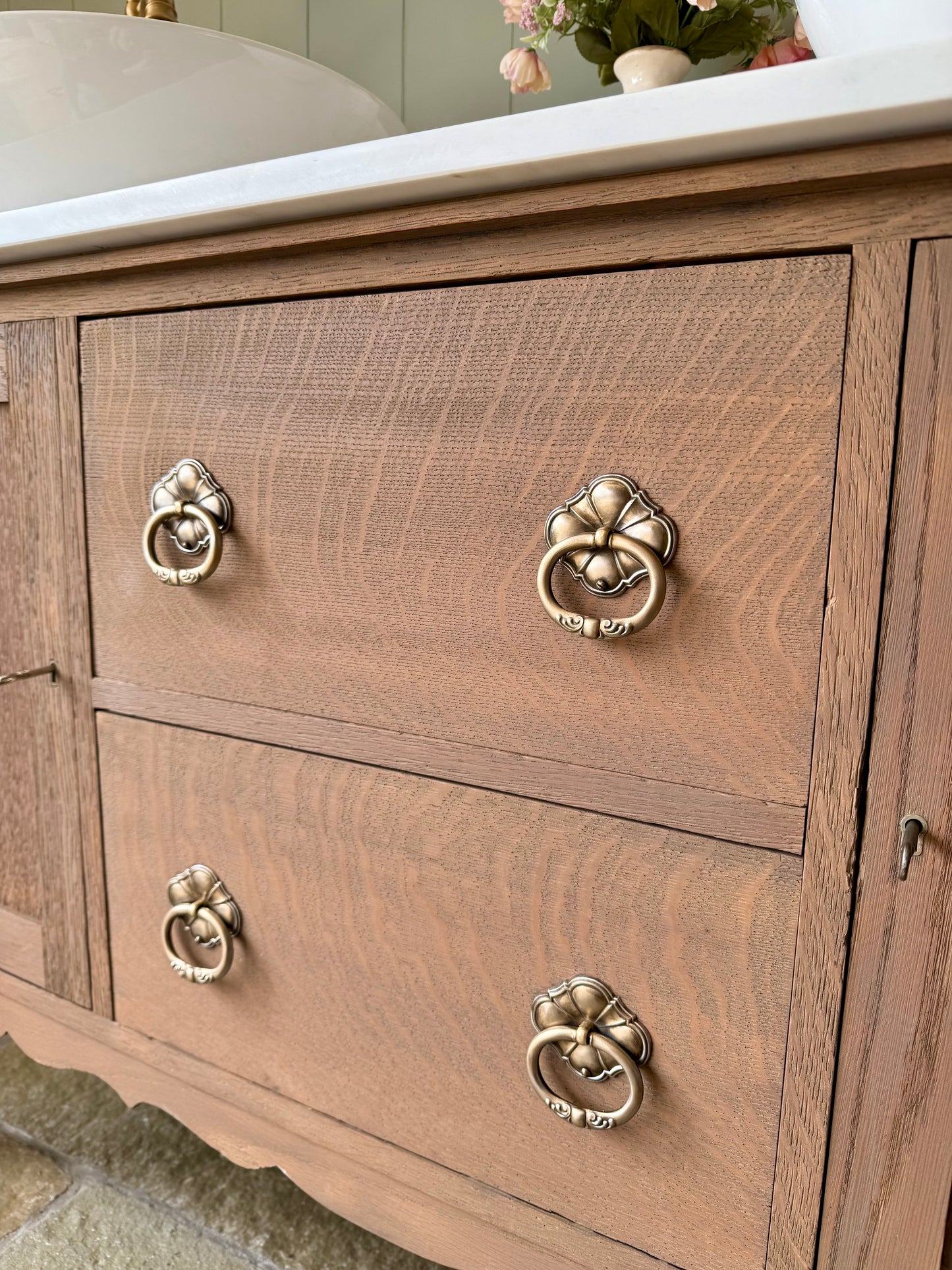 Double Vanity Sink in Mid Oak, Carrara Quartz top, Upstand and two basins (124cm wide)