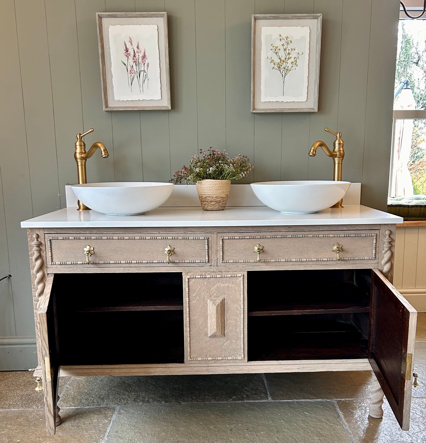 Vintage Double Vanity Sink, quartz/ Carrara marble top, Upstand and two basins (136cm wide)
