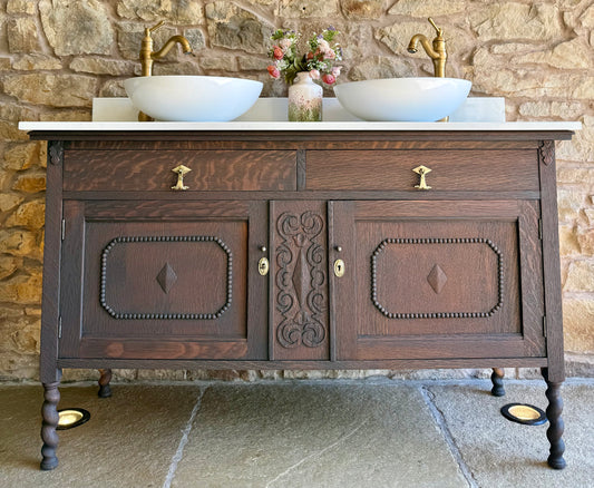 Vintage Classic Dark Oak Double Vanity Sink Unit, Carrara Quartz Top, Upstand and two basins. (139cm wide)