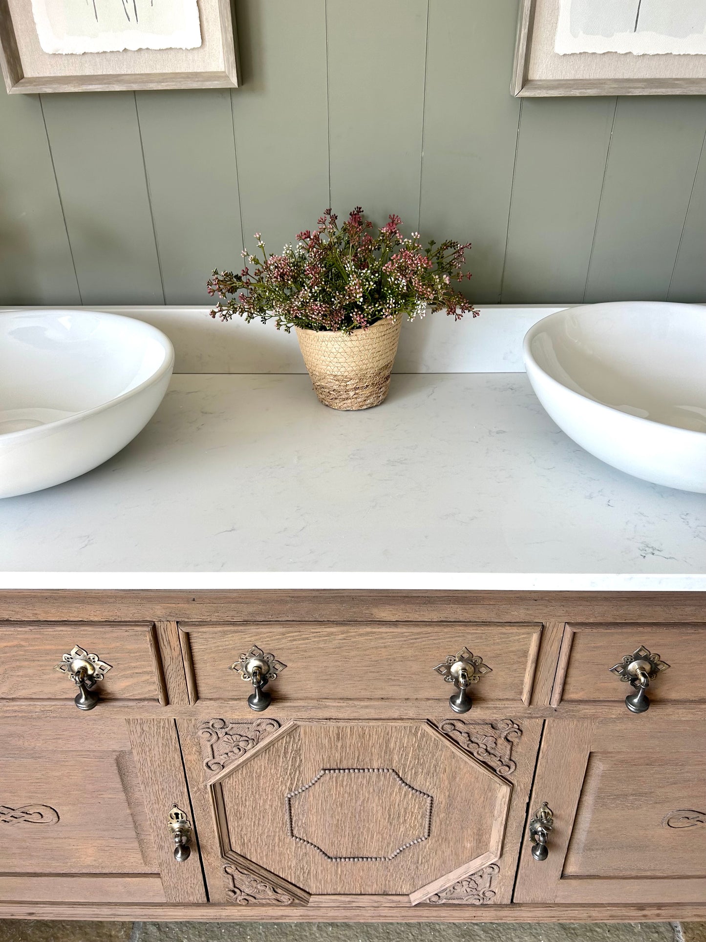 Vintage Solid Oak Double Vanity Sink in a Mid Warm Oak. Quartz top, Upstand and two basins. (155.5cm wide)
