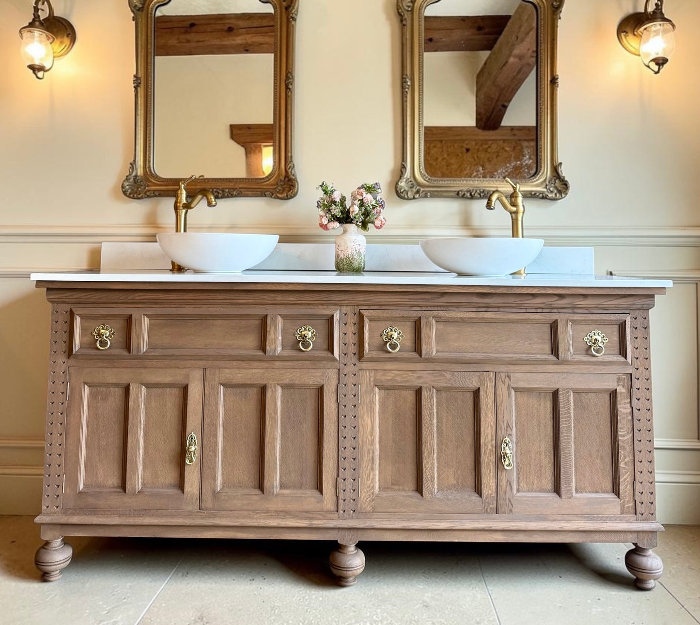 Large Solid Oak Double Vanity Sink Unit, Quartz Top, Upstand and Two Basins (185cm wide)