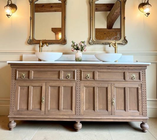 Large Solid Oak Double Vanity Sink Unit, Quartz Top, Upstand and Two Basins (185cm wide)