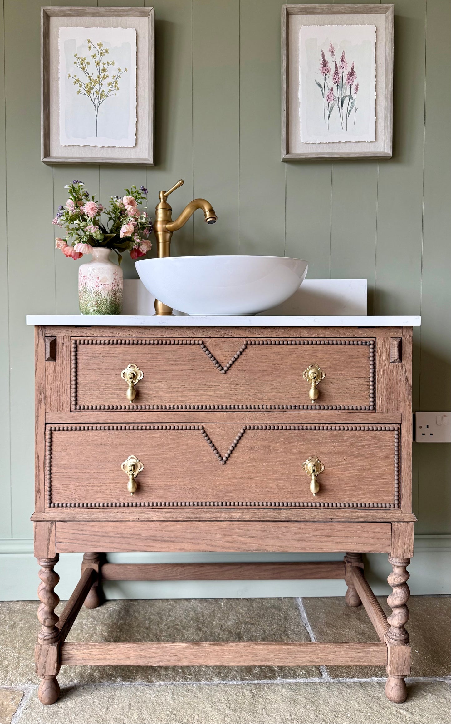 Single Oak Vanity, Carrara Quartz top, basin and Upstand. (78cm wide)